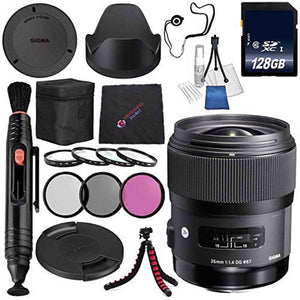 Sigma 35mm f/1.4 DG HSM Art Lens for Nikon DSLR Cameras #340306 + 67mm 3 Piece Filter Kit + 128GB SDXC Memory Card + Lens Pen Cleaner Bundle Sigma