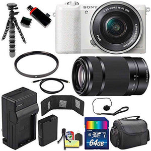 Sony Alpha a5100 Mirrorless Digital Camera with 16-50mm Lens White + Sony E 55-210mm f/4.5-6.3 OSS E-Mount Lens 64GB Bundle Sony