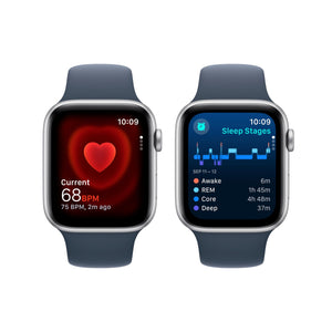 Apple Watch SE 2nd Gen GPS 44mm Smartwatch with Silver Aluminum Case with Storm Blue Sport Band S/M. Fitness & Sleep Tracker, Crash Detection, Heart Rate Monitor Apple