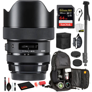Sigma 14-24mm f/2.8 DG HSM Art Lens for Nikon F with Bundle: Sandisk extreme Pro 64gb SD Card, Sling Backpack + More Sigma