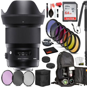 Sigma 28mm f/1.4 DG HSM Art Lens for NikonF with Bundle: Sandisk 64gb SD Card, 9PC Filter Kit + More Sigma