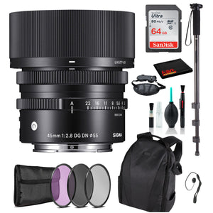 Sigma 45mm f/2.8 DG DN Contemporary Lens for Sony E with Advance Bundle: Backpack + Sandisk 64gb SD+ More Sigma