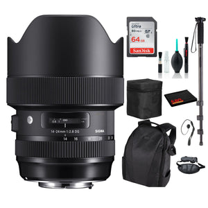 Sigma 14-24mm f/2.8 DG HSM Art Lens for Nikon F with Advance Bundle: Backpack + Sandisk 64gb SD+ More Sigma