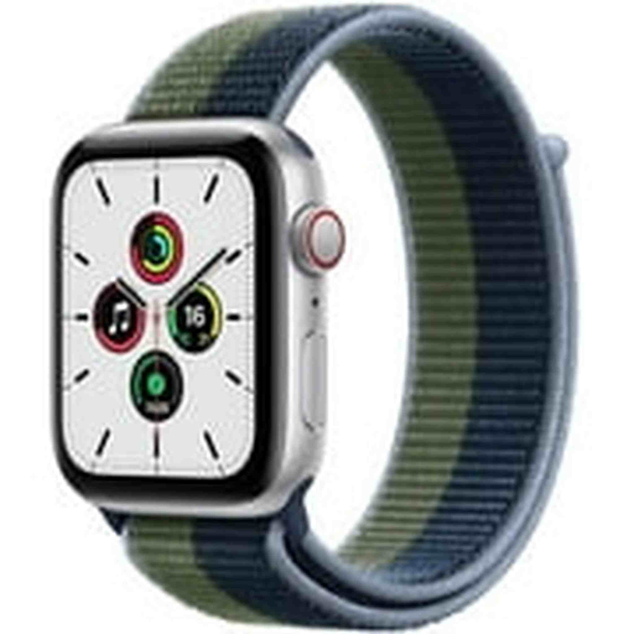 Apple Watch SE 1st Generation GPS + Cellular Smartwatch with 40mm Silver Aluminum Case and Abyss Blue/Moss Green Sport Loop Strap. Waterproof Apple
