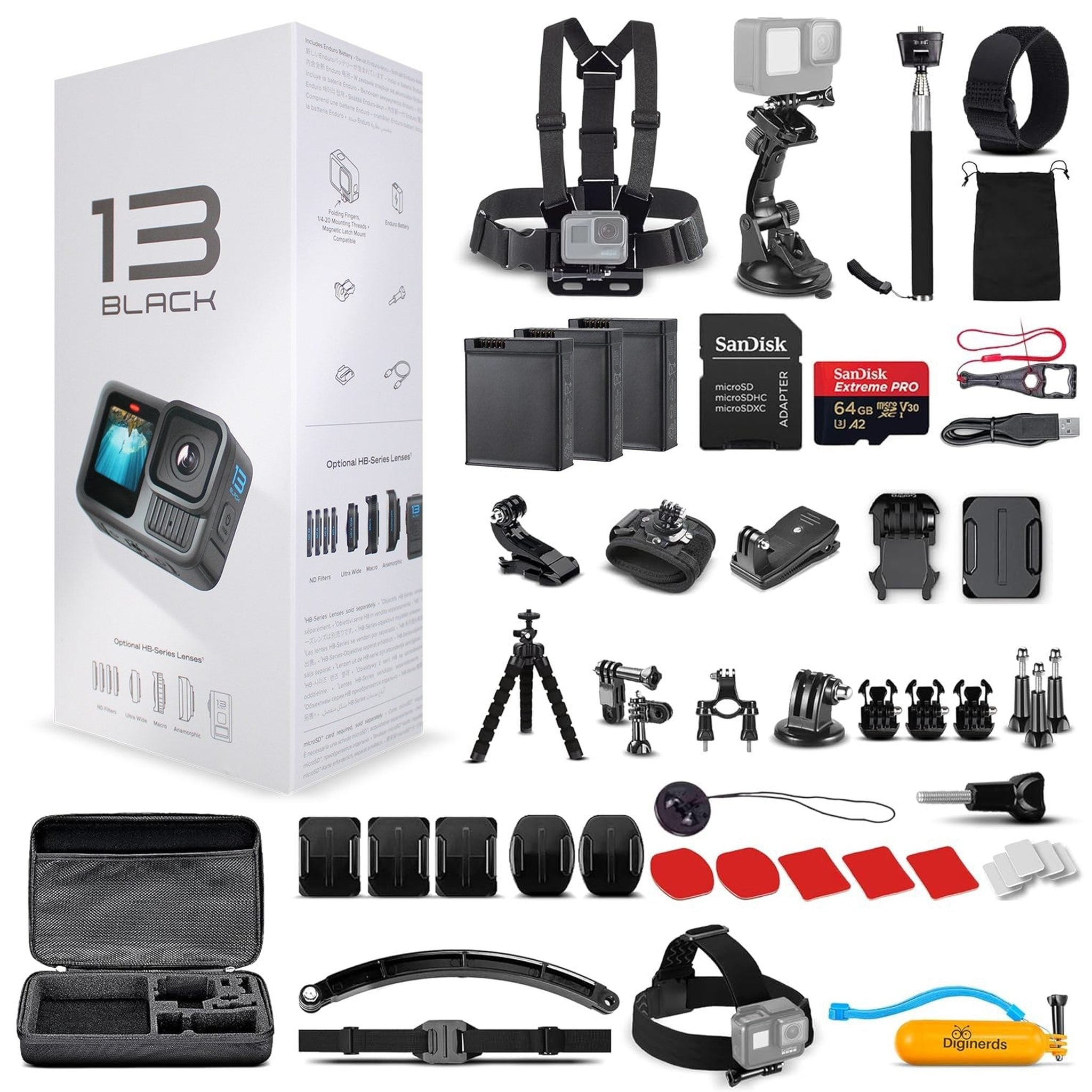 GoPro HERO13 Action Camera + 64GB Card, 50 Piece Accessory Kit and 2 Batteries GoPro
