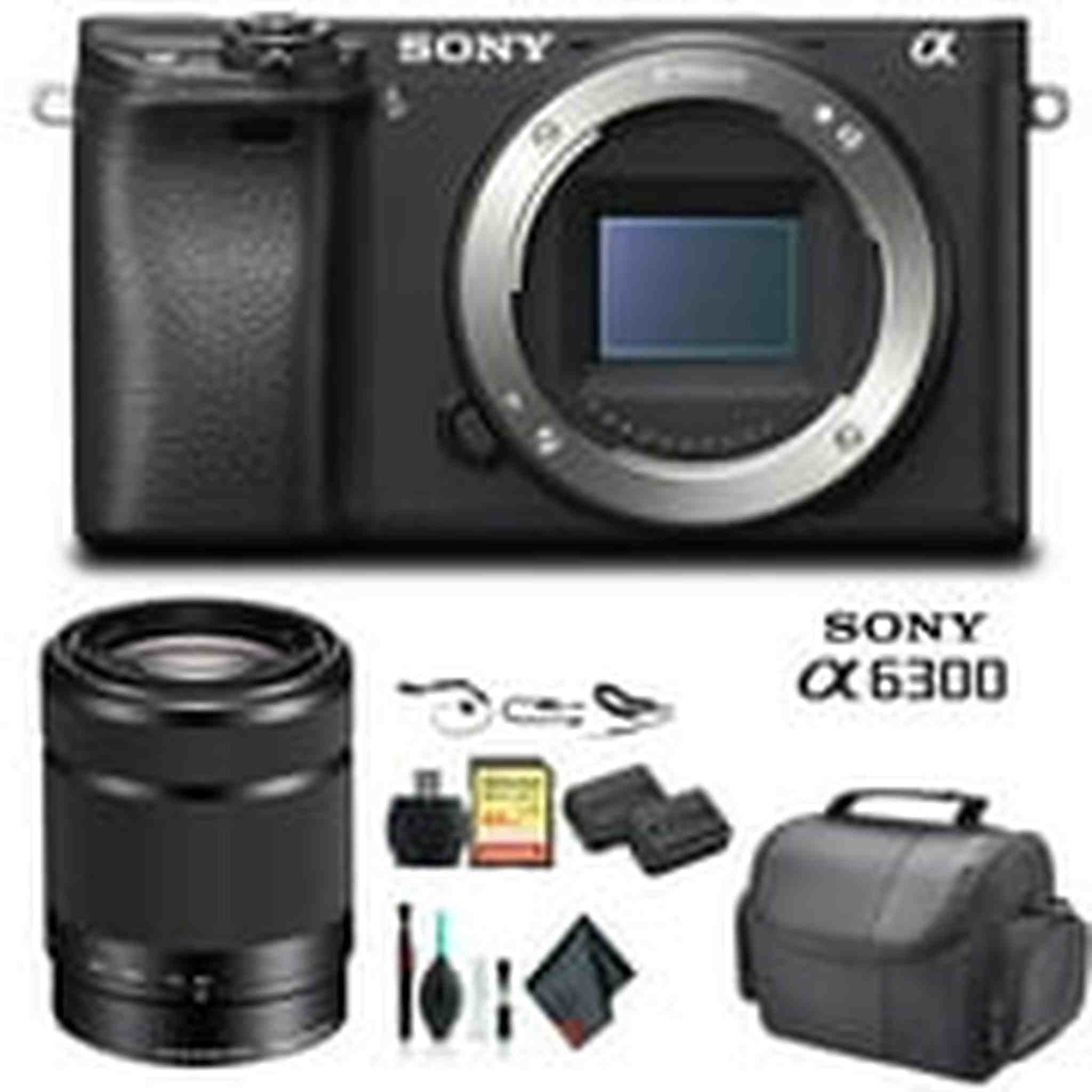 Sony Alpha a6300 Mirrorless Camera Black ILCE6300/B With Sony 55-210mm Lens, Soft Bag, Additional Battery, 64GB Memory Card, Card Reader , Plus Essential Accessories Sony