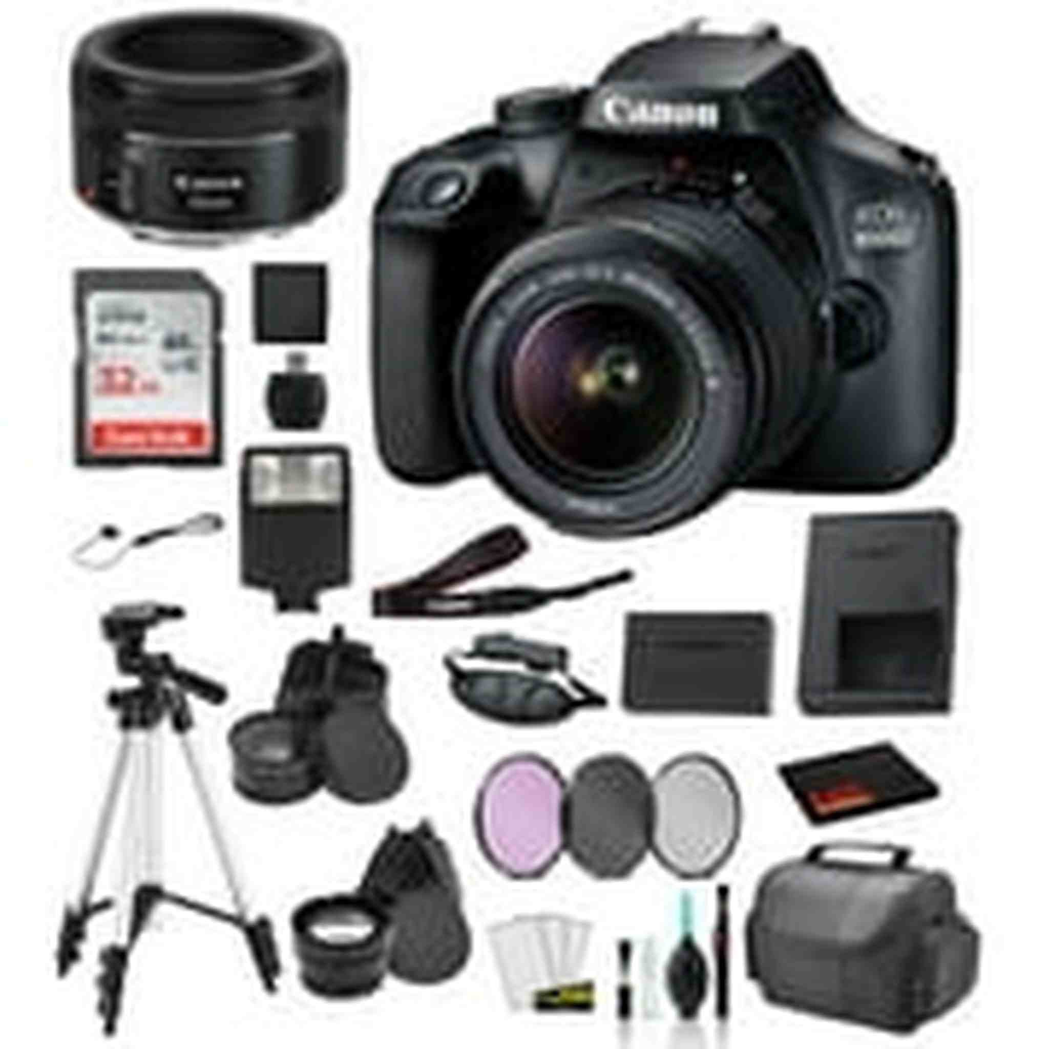 Canon EOS 4000D Rebel T100 EF-S 18-55mm and EF 50mm f/1.8 STM Lens Bundle �SanDisk 32gb + Filters + - International Canon