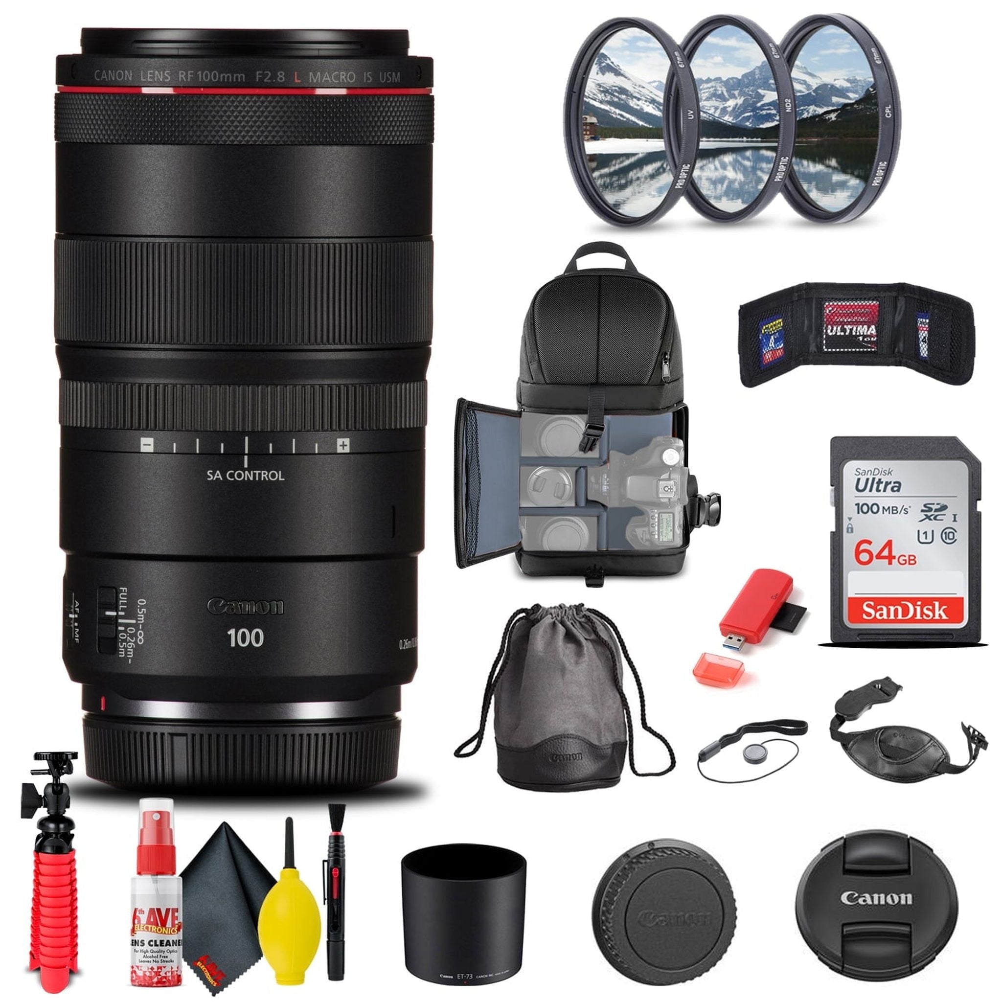 Canon RF 100mm f/2.8L Macro IS USM Lens 4514C002 + FilterKit + BackPack + More Canon
