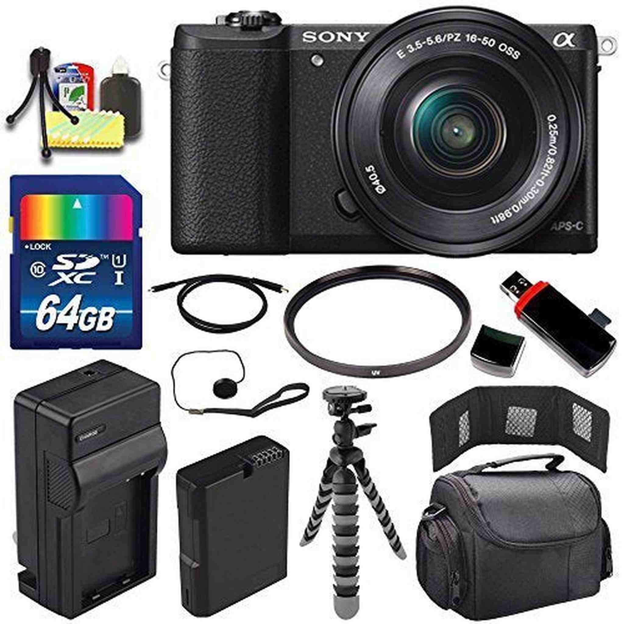 Sony Alpha a5100 Mirrorless Digital Camera with 16-50mm Lens Black + Battery + Charger + 64GB Bundle 3 - International - Used SONY