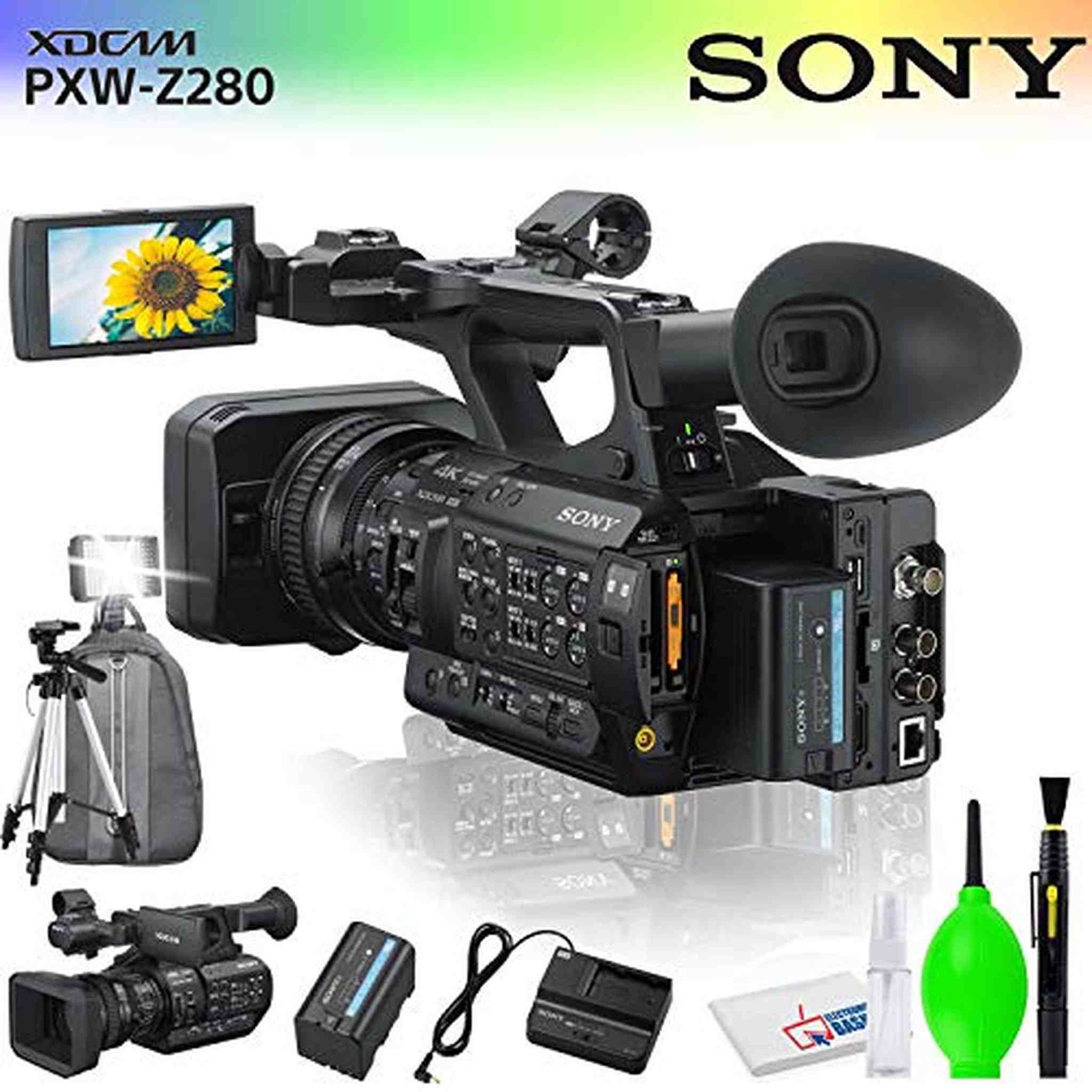 Sony PXW-Z280 4K 3-CMOS 1/2" Sensor XDCAM Camcorder Accessory Bundle with Backpack, Tripod, LED Light and Cleaning Kit Sony