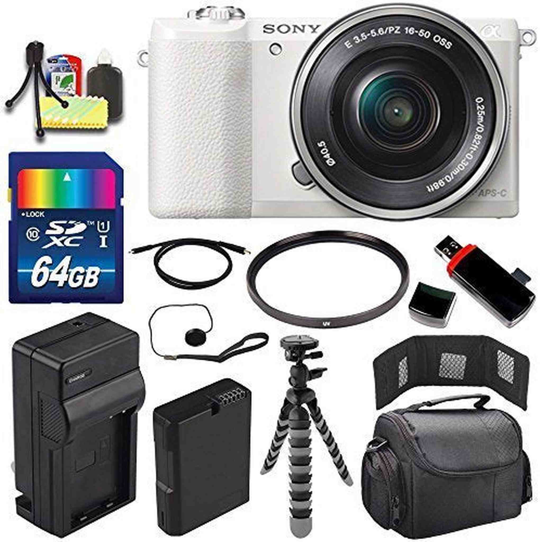 Sony Alpha a5100 Mirrorless Digital Camera with 16-50mm Lens White + Battery + Charger + 64GB Bundle 3 - International Sony