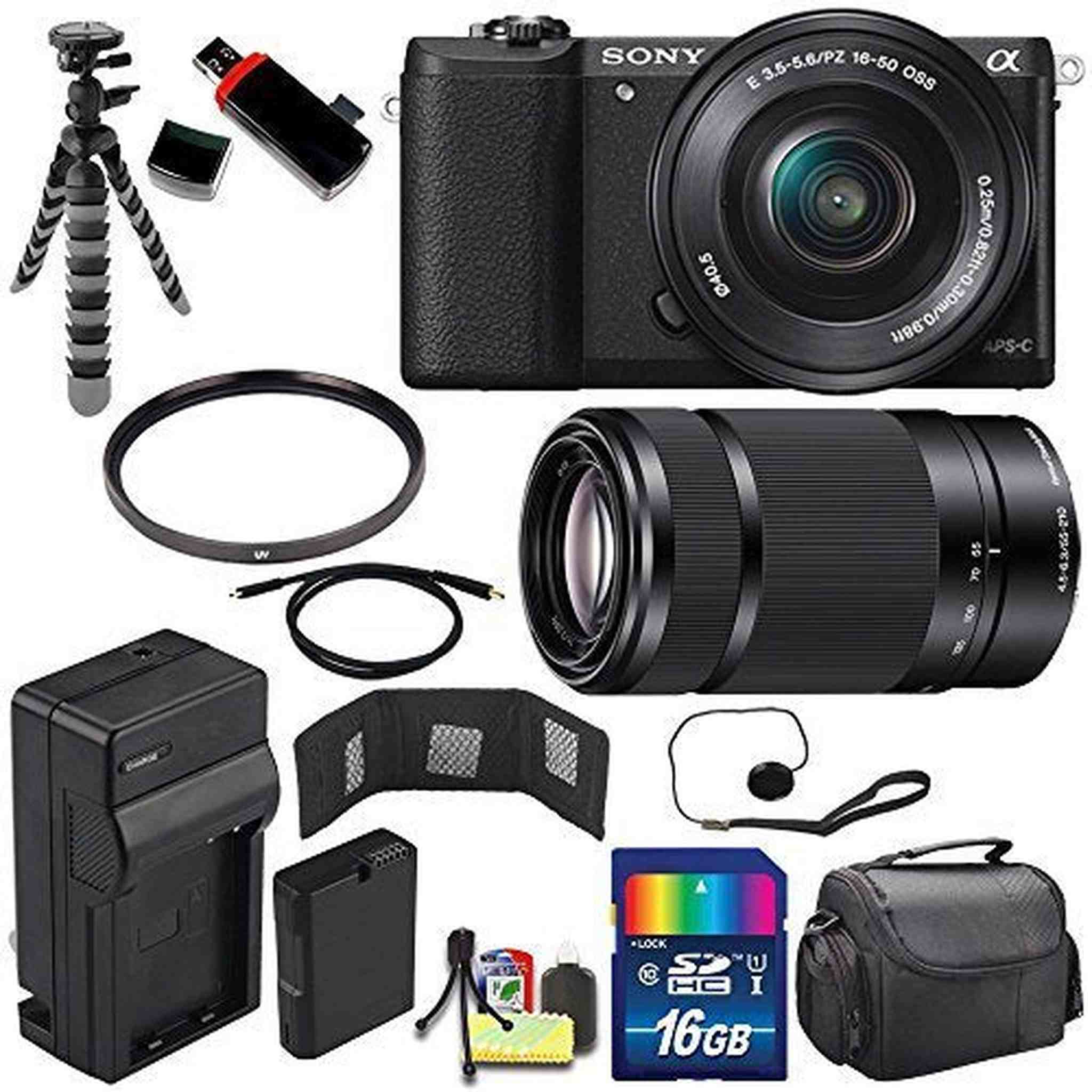 Sony Alpha a5100 Mirrorless Digital Camera with 16-50mm Lens Black + Sony E 55-210mm f/4.5-6.3 OSS E-Mount Lens 16GB B SONY
