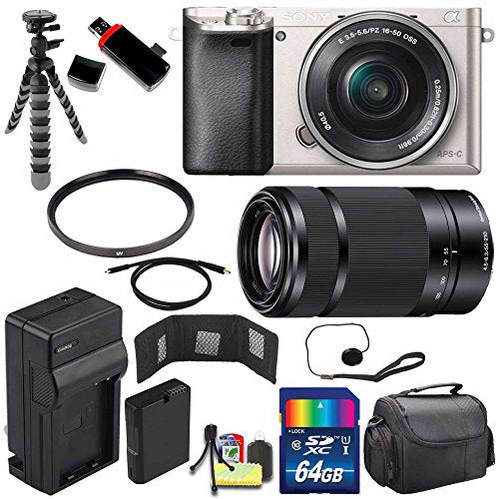 Sony Alpha a6000 Mirrorless Digital Camera with 16-50mm Lens Silver + Sony E 55-210mm f/4.5-6.3 OSS E-Mount Lens 64GB - Used Sony