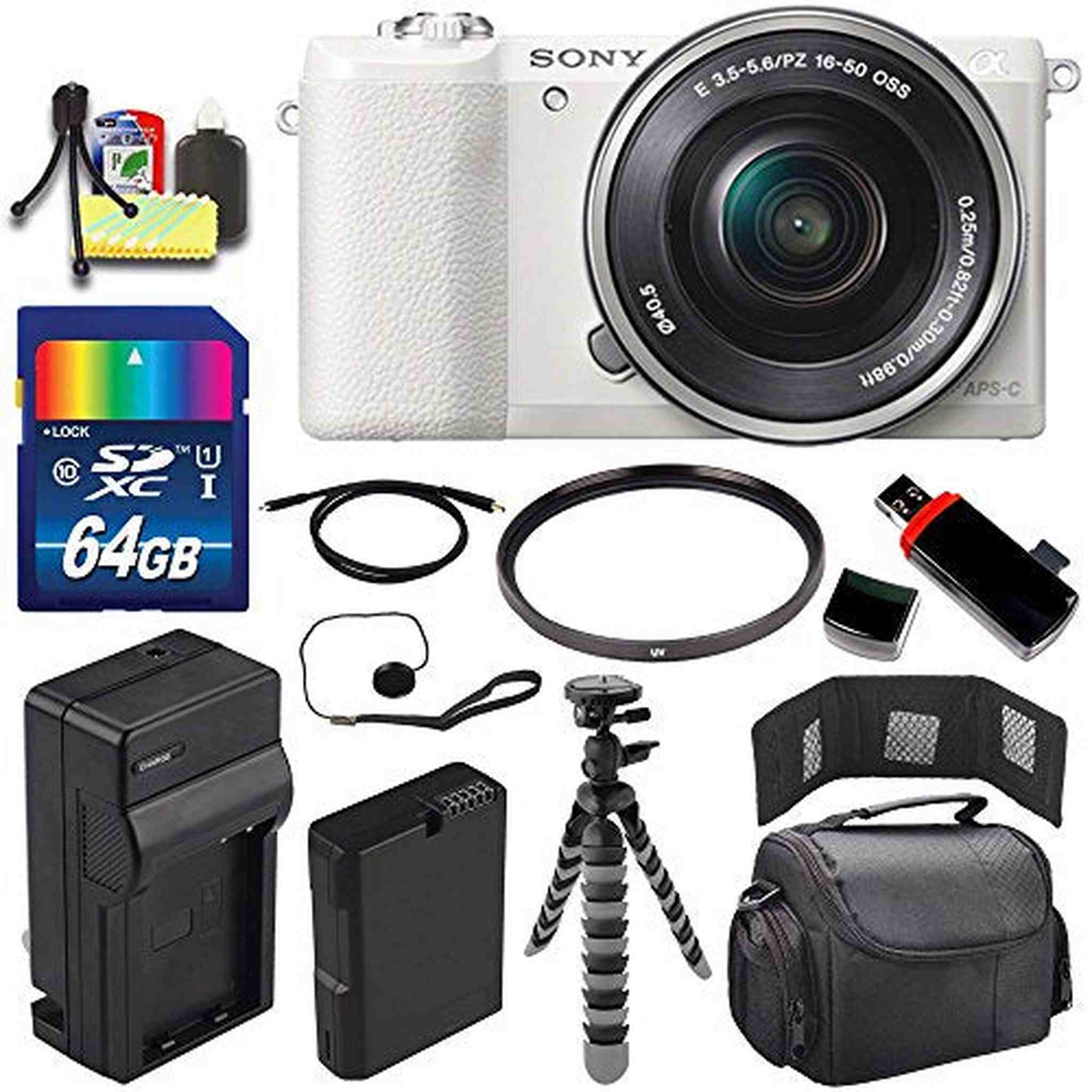 Sony Alpha a5100 Mirrorless Digital Camera with 16-50mm Lens White + Battery + Charger + 64GB Bundle 3 - International Sony
