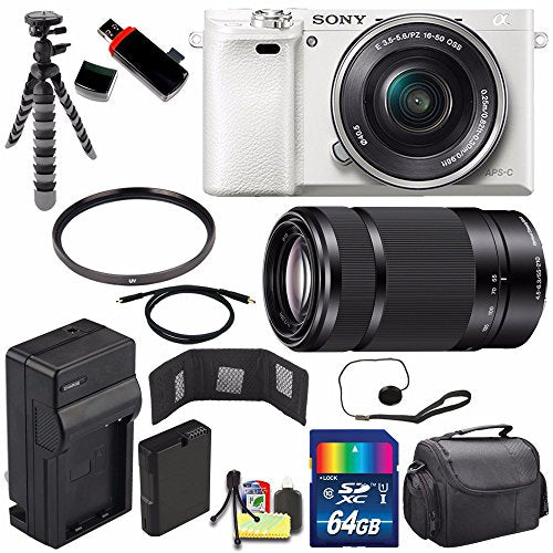 Sony Alpha a6000 Mirrorless Digital Camera with 16-50mm Lens White + Sony E 55-210mm f/4.5-6.3 OSS E-Mount Lens 64GB B - Used Sony