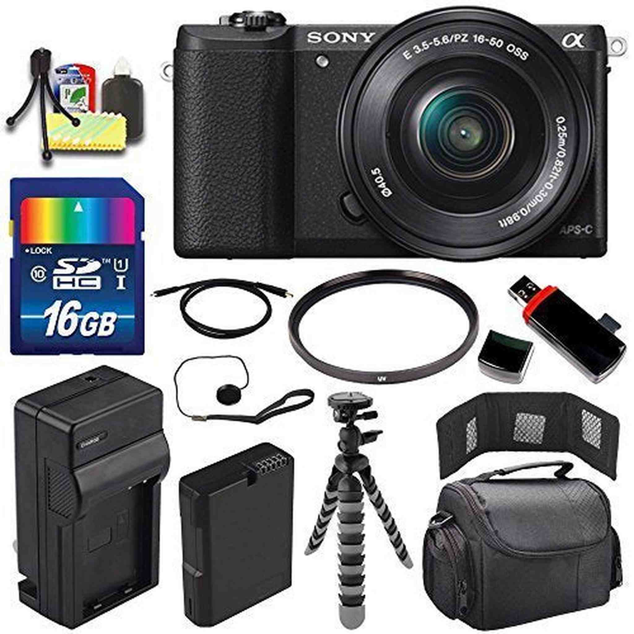 Sony Alpha a5100 Mirrorless Digital Camera with 16-50mm Lens Black + Battery + Charger + 16GB Bundle 1 - International SONY