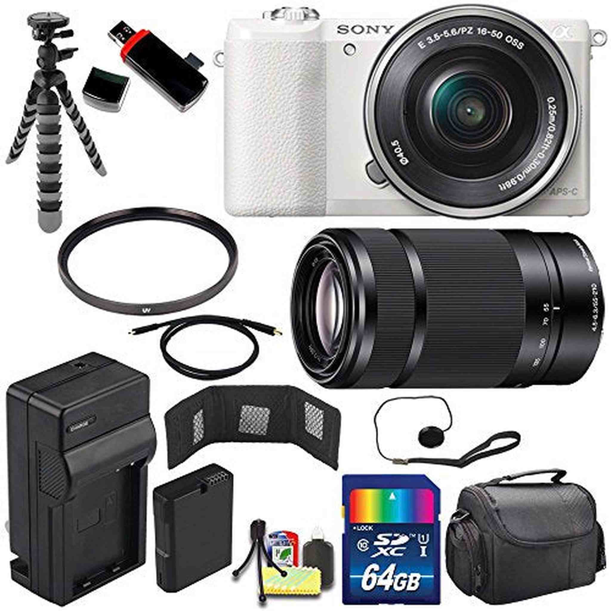 Sony Alpha a5100 Mirrorless Digital Camera with 16-50mm Lens White + Sony E 55-210mm f/4.5-6.3 OSS E-Mount Lens 64GB Bundle Sony