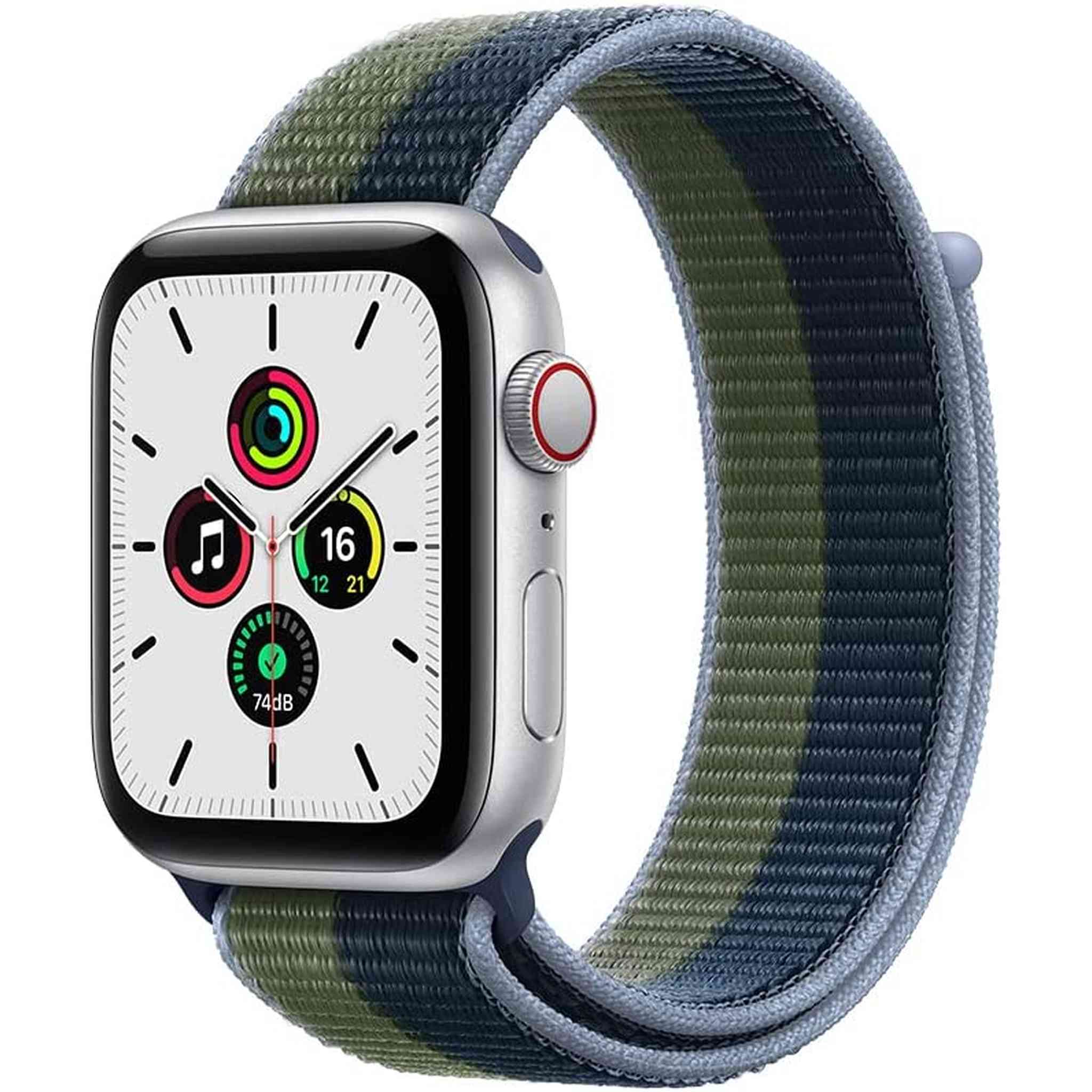 Apple Watch SE 1st Generation GPS + Cellular Smartwatch with 40mm Silver Aluminum Case and Abyss Blue/Moss Green Sport Loop Strap. Waterproof Apple