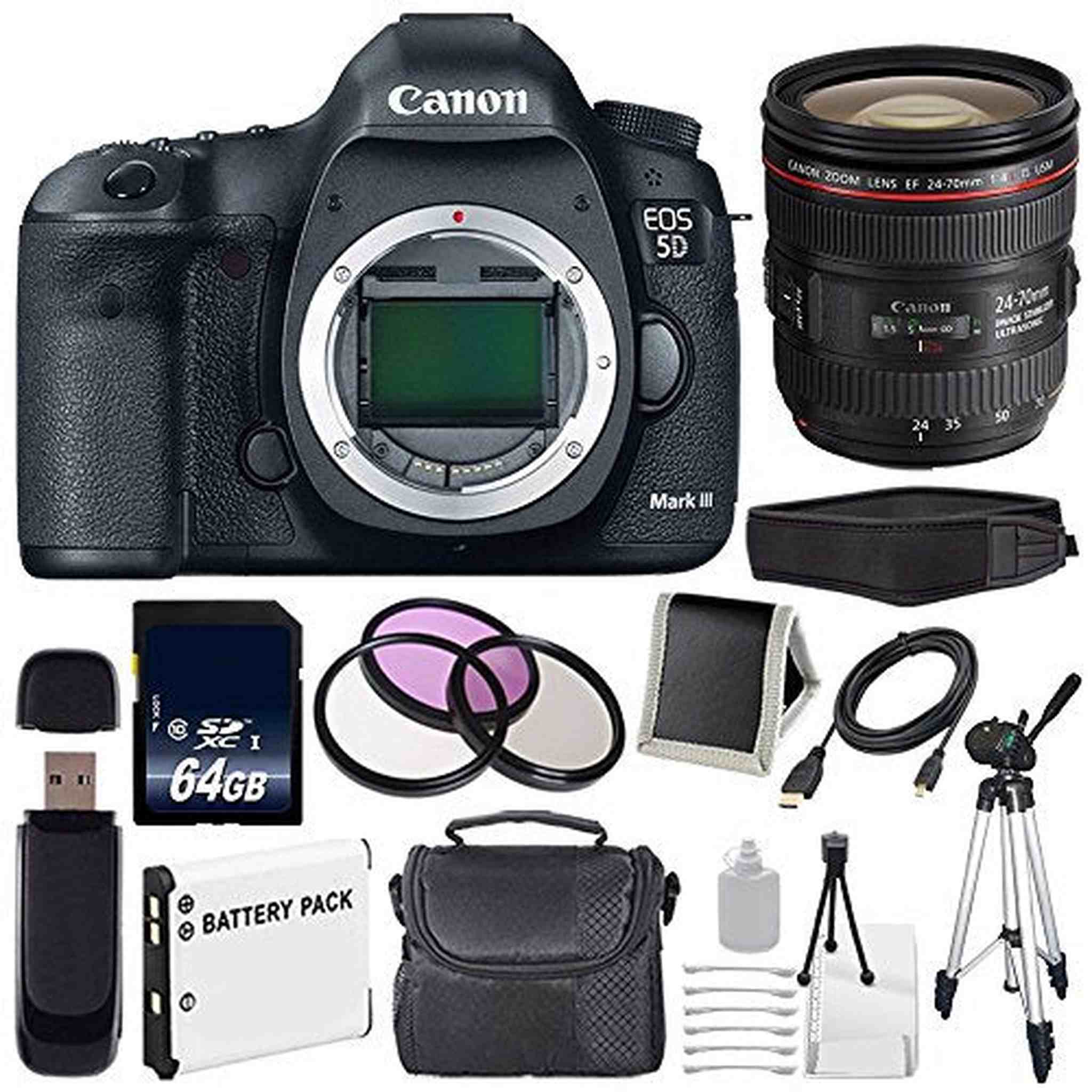 Canon EOD 5D III Digital Camera International Model + Canon EF 24-70mm f/4L is USM Lens + LP-E6 Battery + 64GB Memory Card Storage Bundle Canon