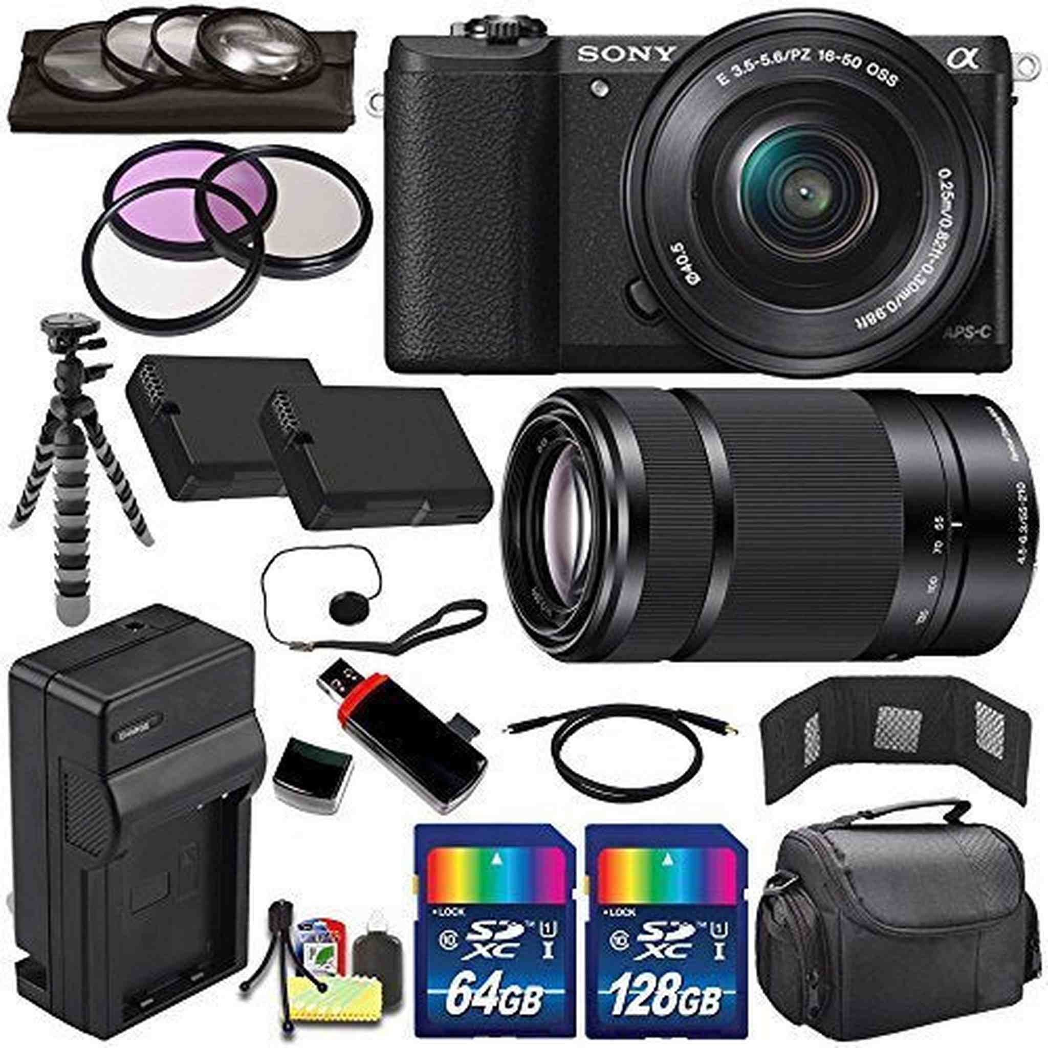 Sony Alpha a5100 Mirrorless Digital Camera with 16-50mm Lens Black + Sony E 55-210mm f/4.5-6.3 OSS E-Mount Lens 196GB Sony