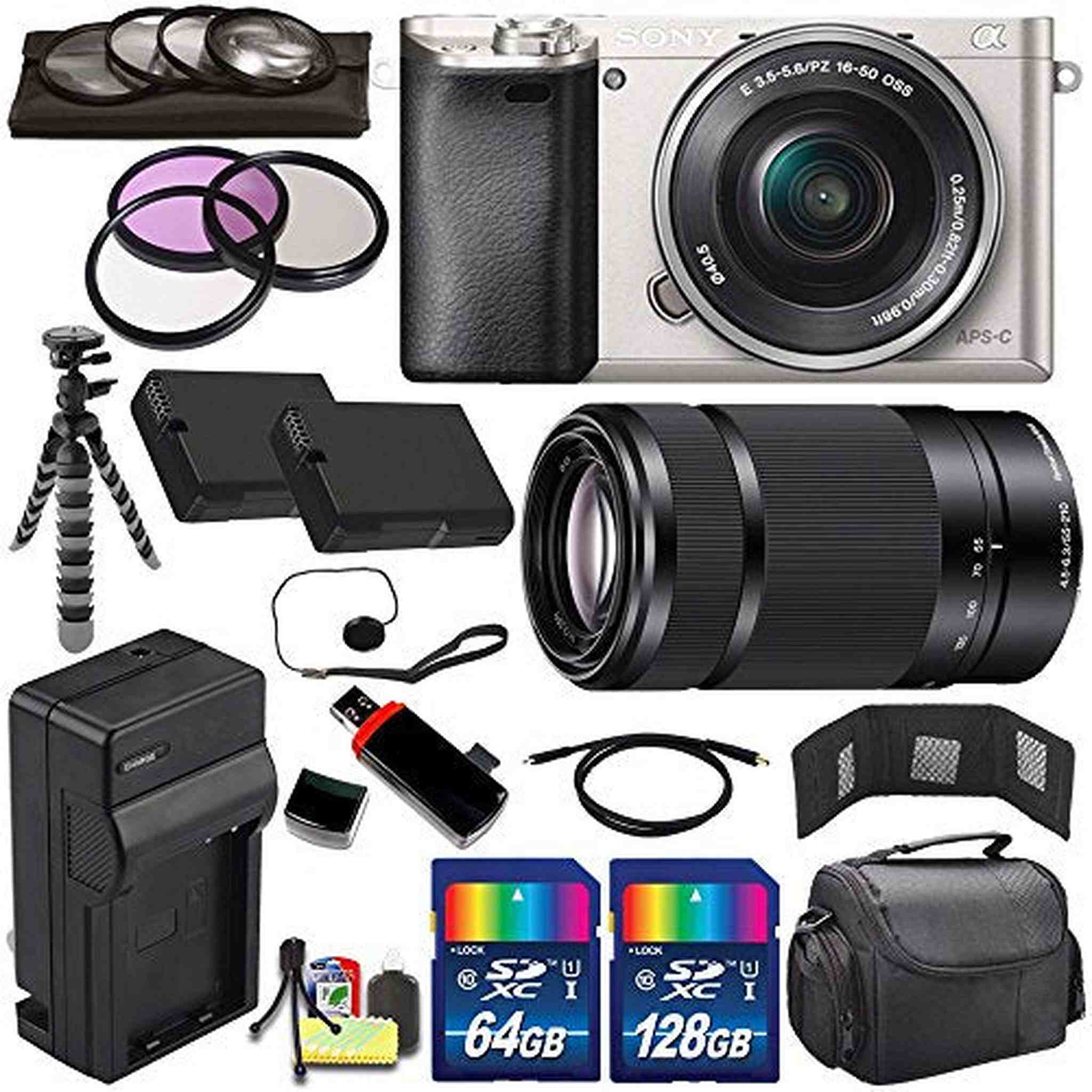 Sony Alpha a6000 Mirrorless Digital Camera with 16-50mm Lens Silver + Sony E 55-210mm f/4.5-6.3 OSS E-Mount Lens 196GB - Used Sony