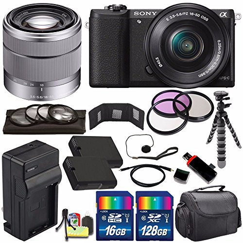 Sony Alpha a5100 Mirrorless Digital Camera with 16-50mm Lens Black + Sony SEL 1855 18-55mm Zoom Lens + 144GB Bundle 16 Sony