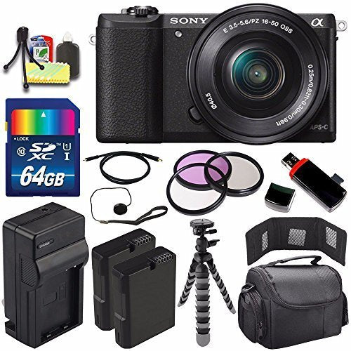 Sony Alpha a5100 Mirrorless Digital Camera with 16-50mm Lens Black + Battery + Charger + 64GB Bundle 6 - International - Used SONY