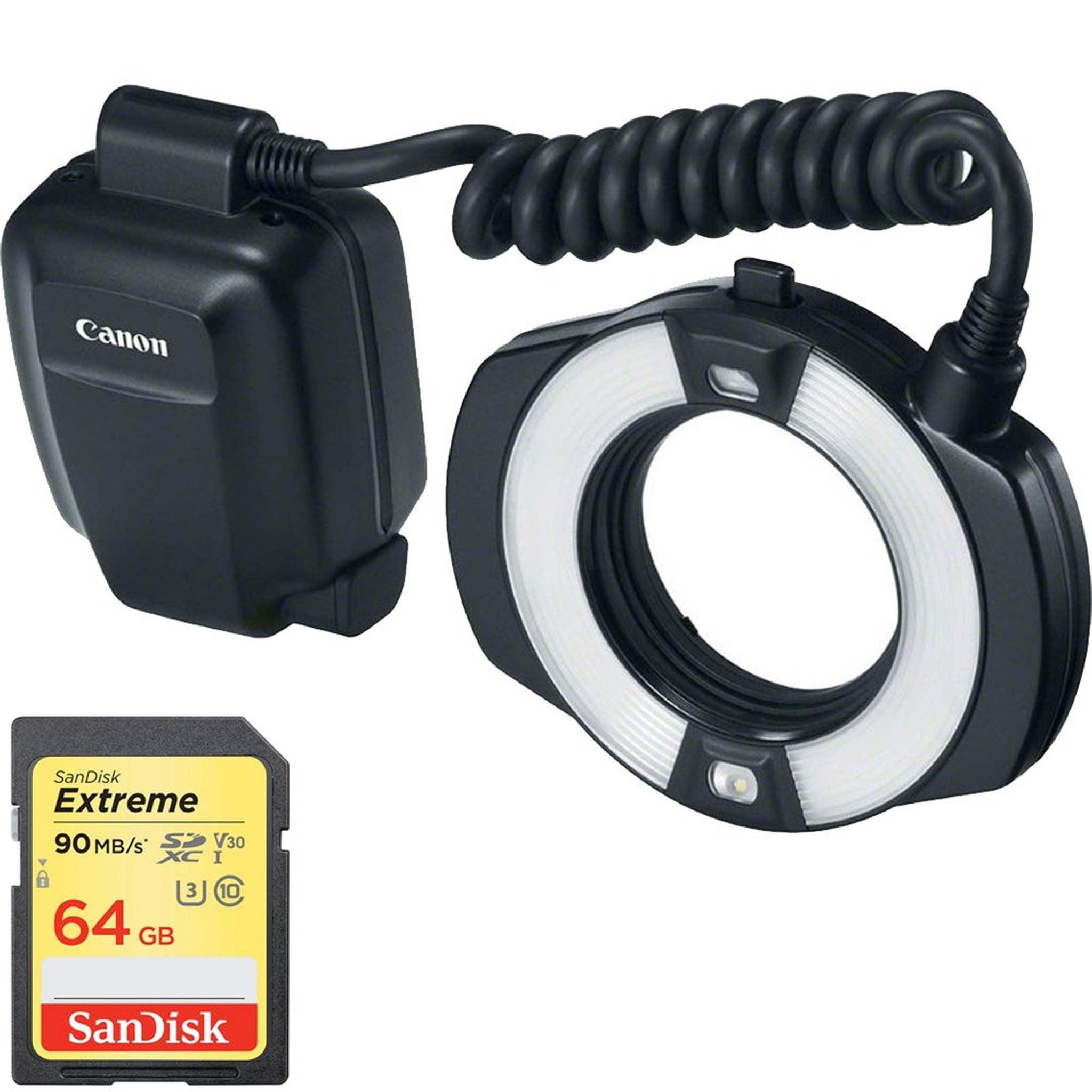 Canon Macro Ring Lite MR-14EX II Flash 9389B002 + Sandisk 64GB Extreme SD Memory Card UHS-I Bundle Canon