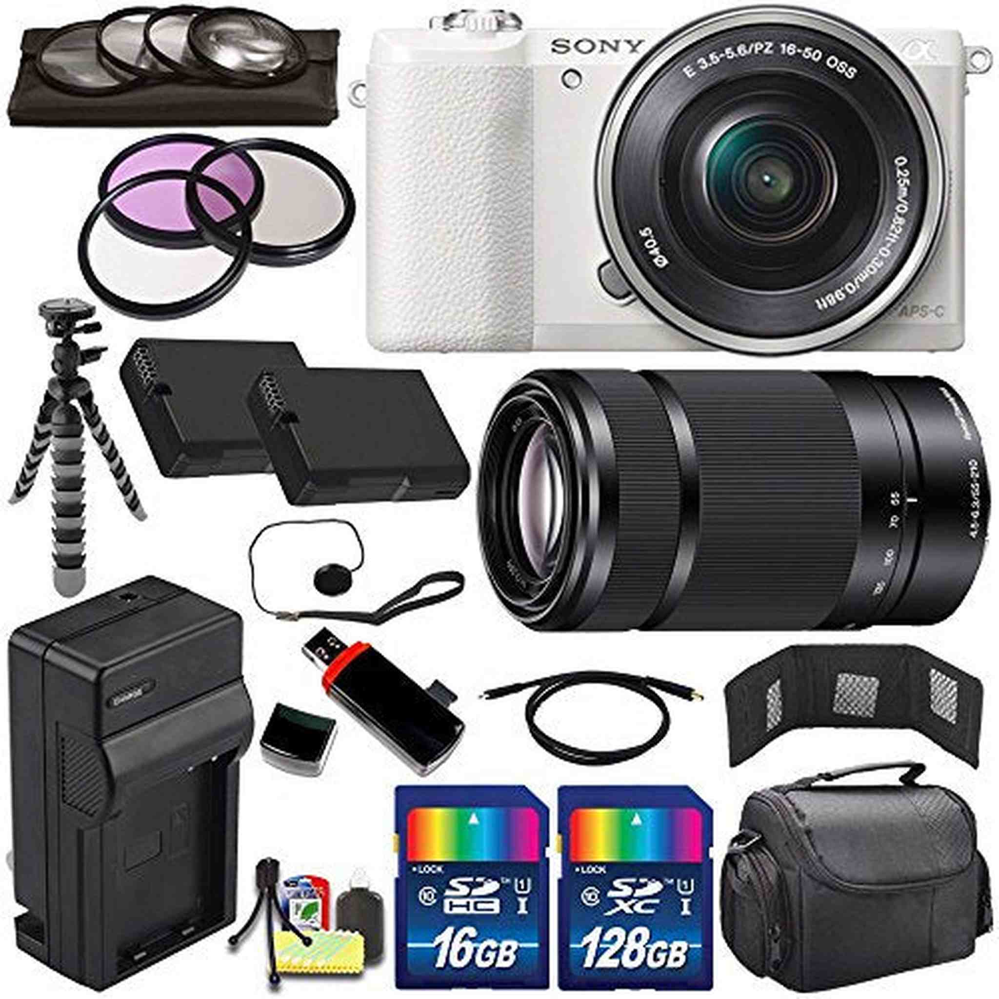 Sony Alpha a5100 Mirrorless Digital Camera with 16-50mm Lens White + Sony E 55-210mm f/4.5-6.3 OSS E-Mount Lens 144GB Bundle Sony