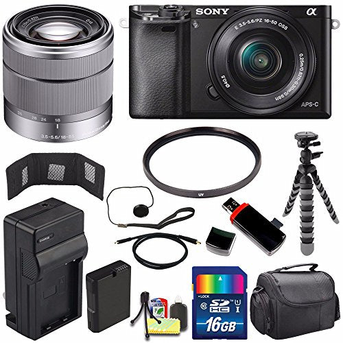 Sony Alpha a6000 Mirrorless Digital Camera with 16-50mm Lens Black + Sony SEL 1855 18-55mm Zoom Lens + 16GB Bundle 10 Sony