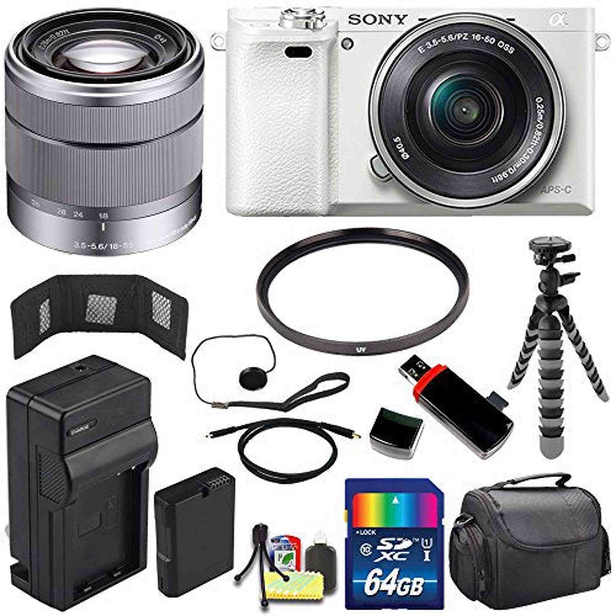 Sony Alpha a6000 Mirrorless Digital Camera with 16-50mm Lens White + Sony SEL 1855 18-55mm Zoom Lens + 64GB Bundle 12 Sony