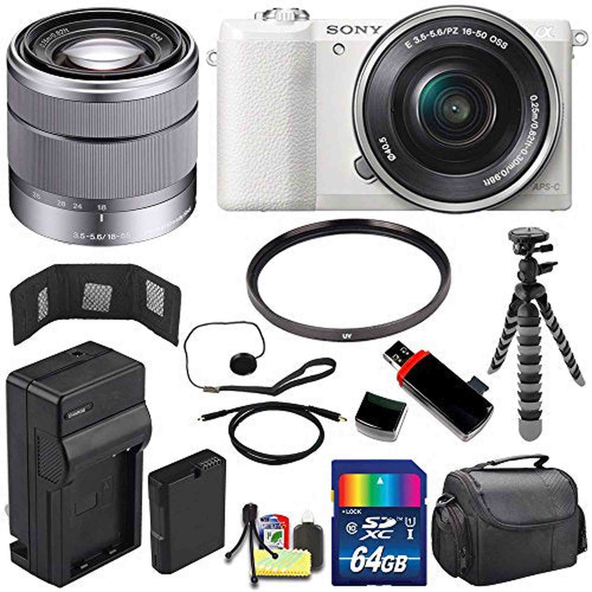 Sony Alpha a5100 Mirrorless Digital Camera with 16-50mm Lens White + Sony SEL 1855 18-55mm Zoom Lens + 64GB Bundle 12 Sony