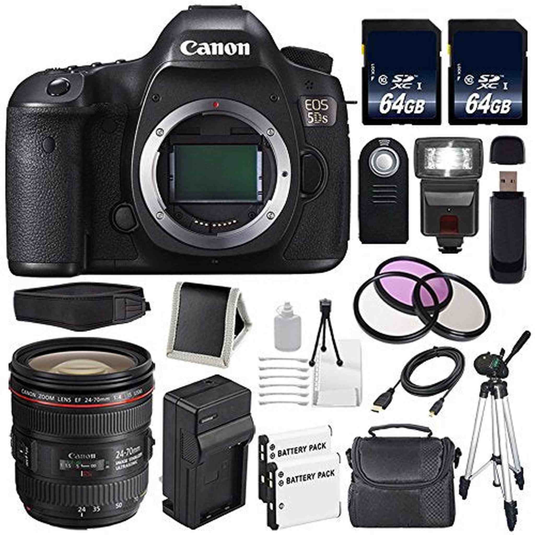 Canon EOS 5DS DSLR Camera International Model 0581C002 + Canon EF 24-70mm f/4L is USM Lens + LP-E6 Battery + 64GB Card Storage Bundle Canon