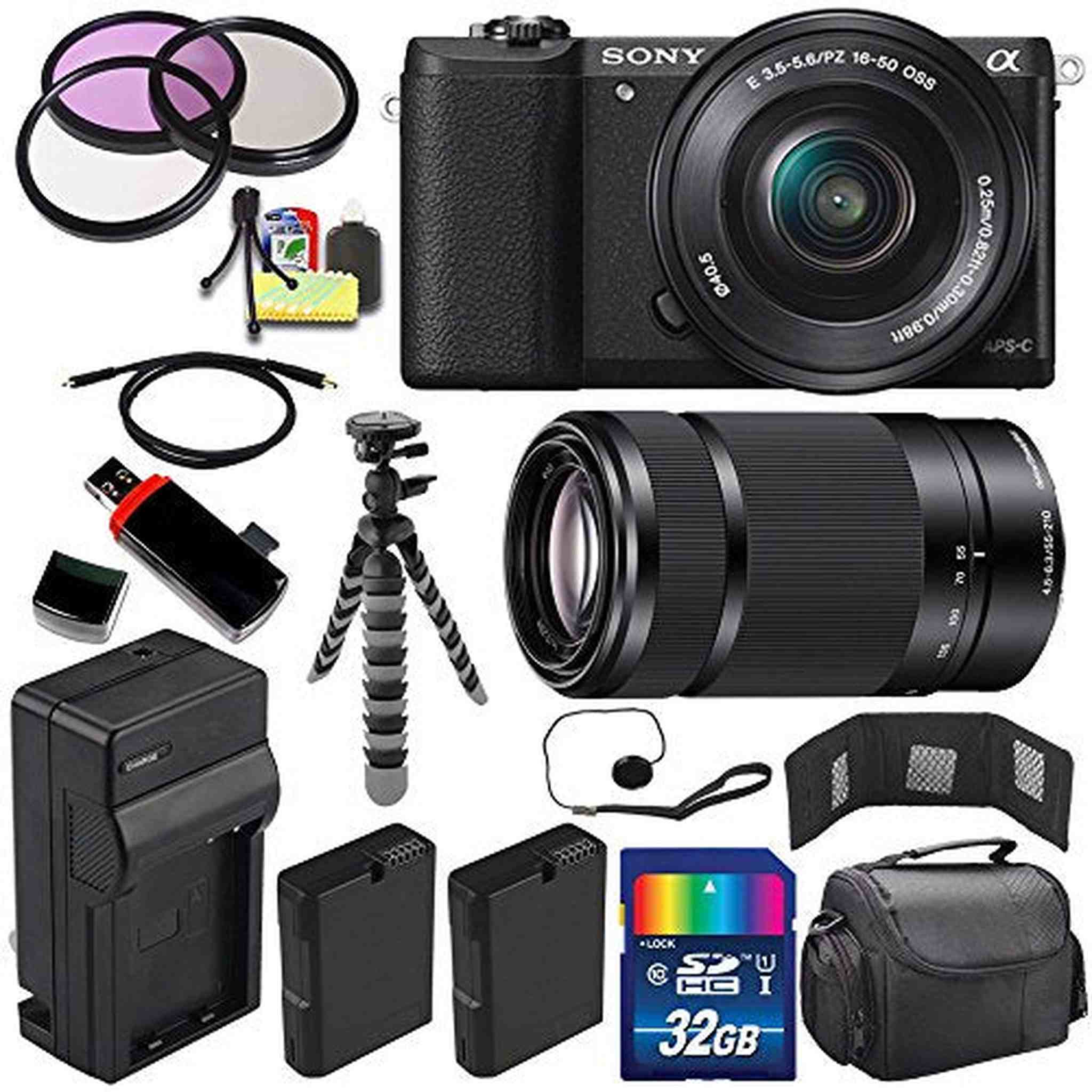 Sony Alpha a5100 Mirrorless Digital Camera with 16-50mm Lens Black + Sony E 55-210mm f/4.5-6.3 OSS E-Mount Lens 32GB B SONY