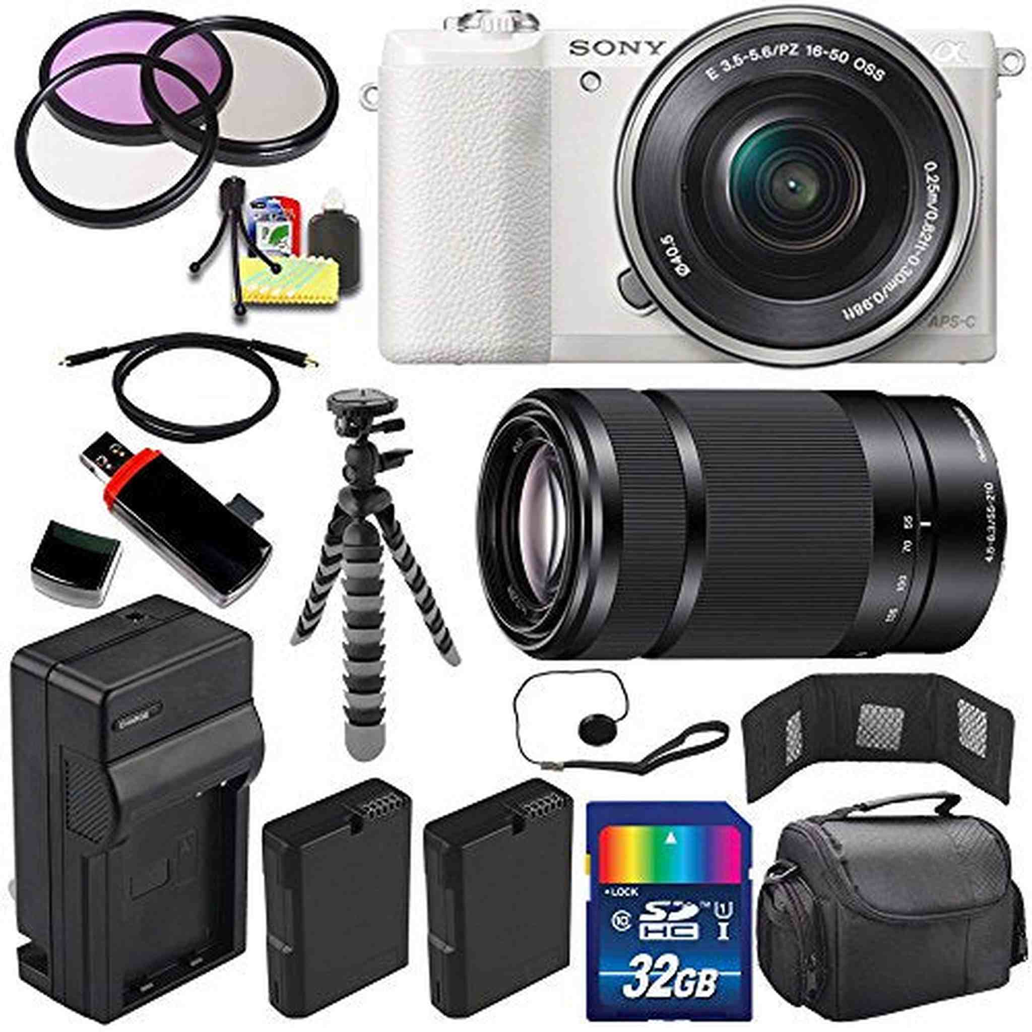 Sony Alpha a5100 Mirrorless Digital Camera with 16-50mm Lens White + Sony E 55-210mm f/4.5-6.3 OSS E-Mount Lens 32GB Advanced Bundle Sony
