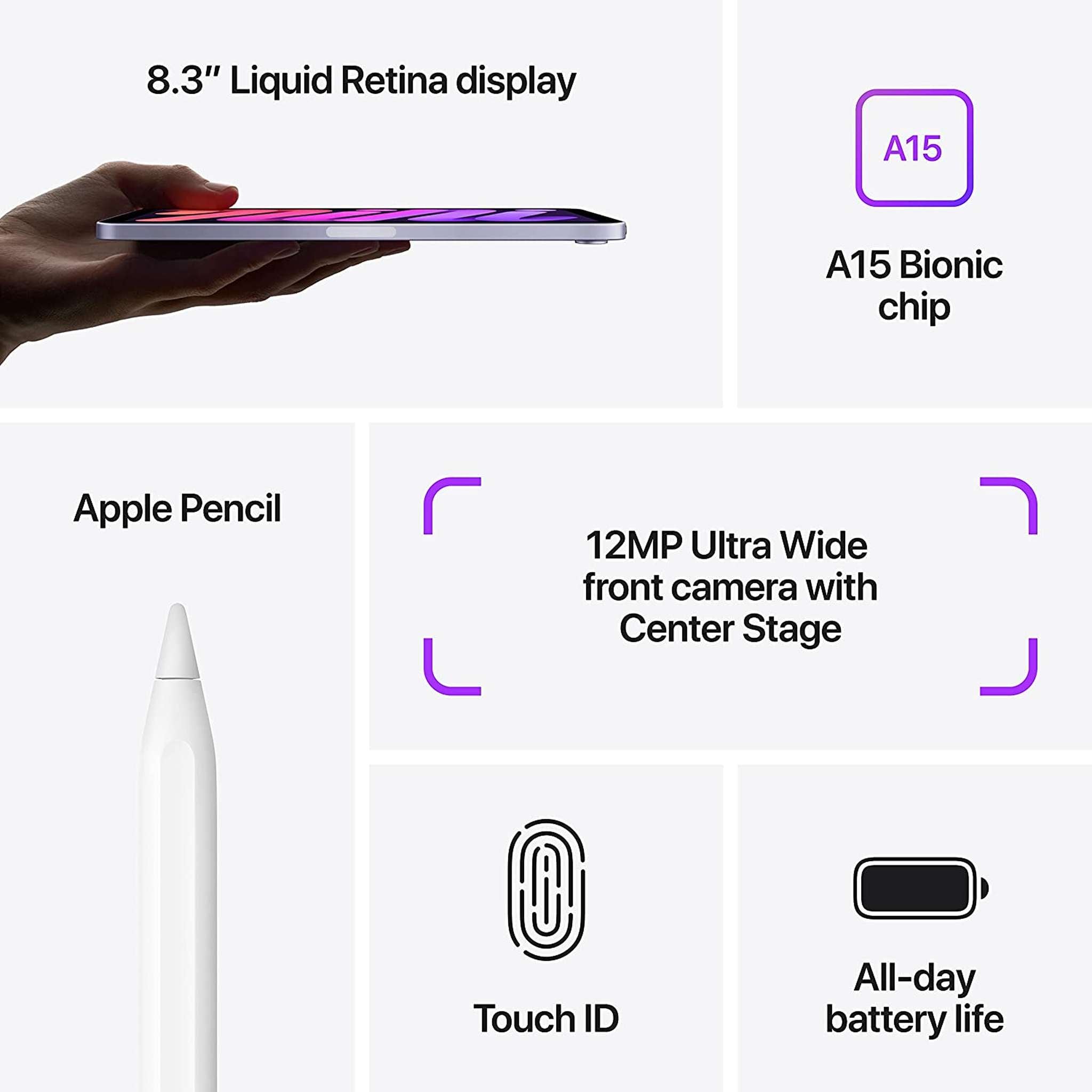 Apple iPad Mini 6 64GB, Wi-Fi, Purple Bundle with Purple Moroccan Sleeve Apple