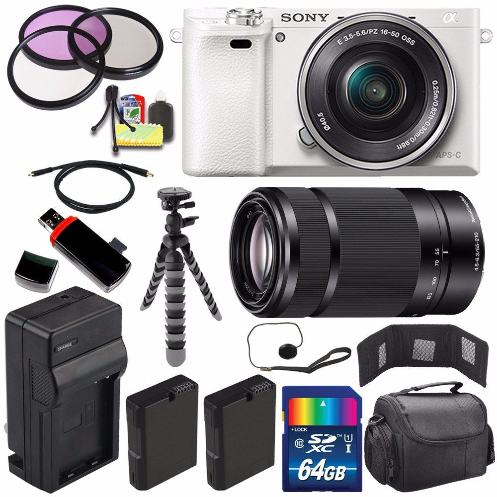 Sony Alpha a6000 Mirrorless Digital Camera with 16-50mm Lens White + Sony E 55-210mm f/4.5-6.3 OSS E-Mount Lens 64GB B - Used Sony