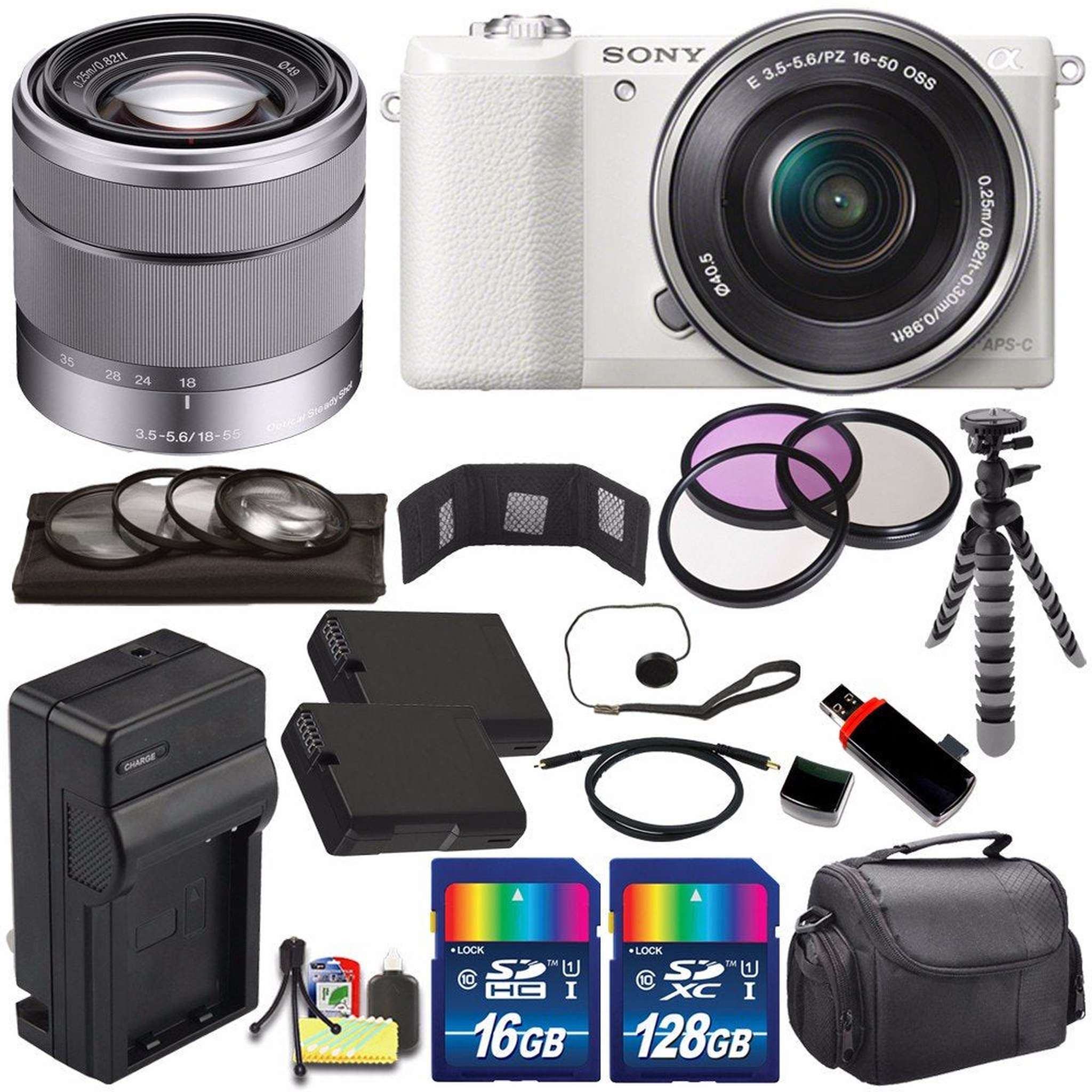 Sony Alpha a5100 Mirrorless Digital Camera with 16-50mm Lens White + Sony SEL 1855 18-55mm Zoom Lens + 144GB Bundle 16 Sony