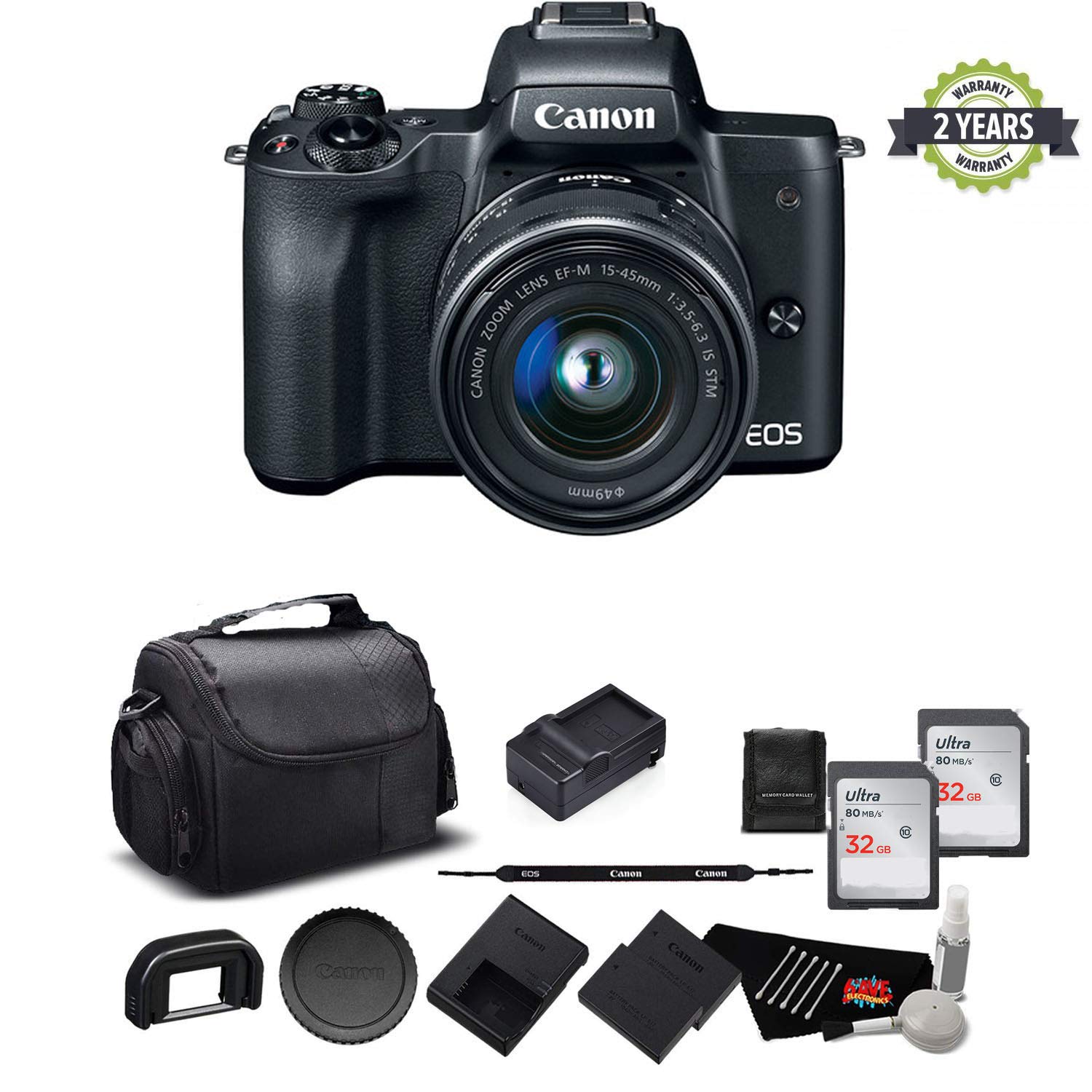 Canon EOS M50 Mirrorless Digital Camera with 15-45mm Lens and 4K Video 2680C011 Bundle - International Model w/ 2 Year S - Used