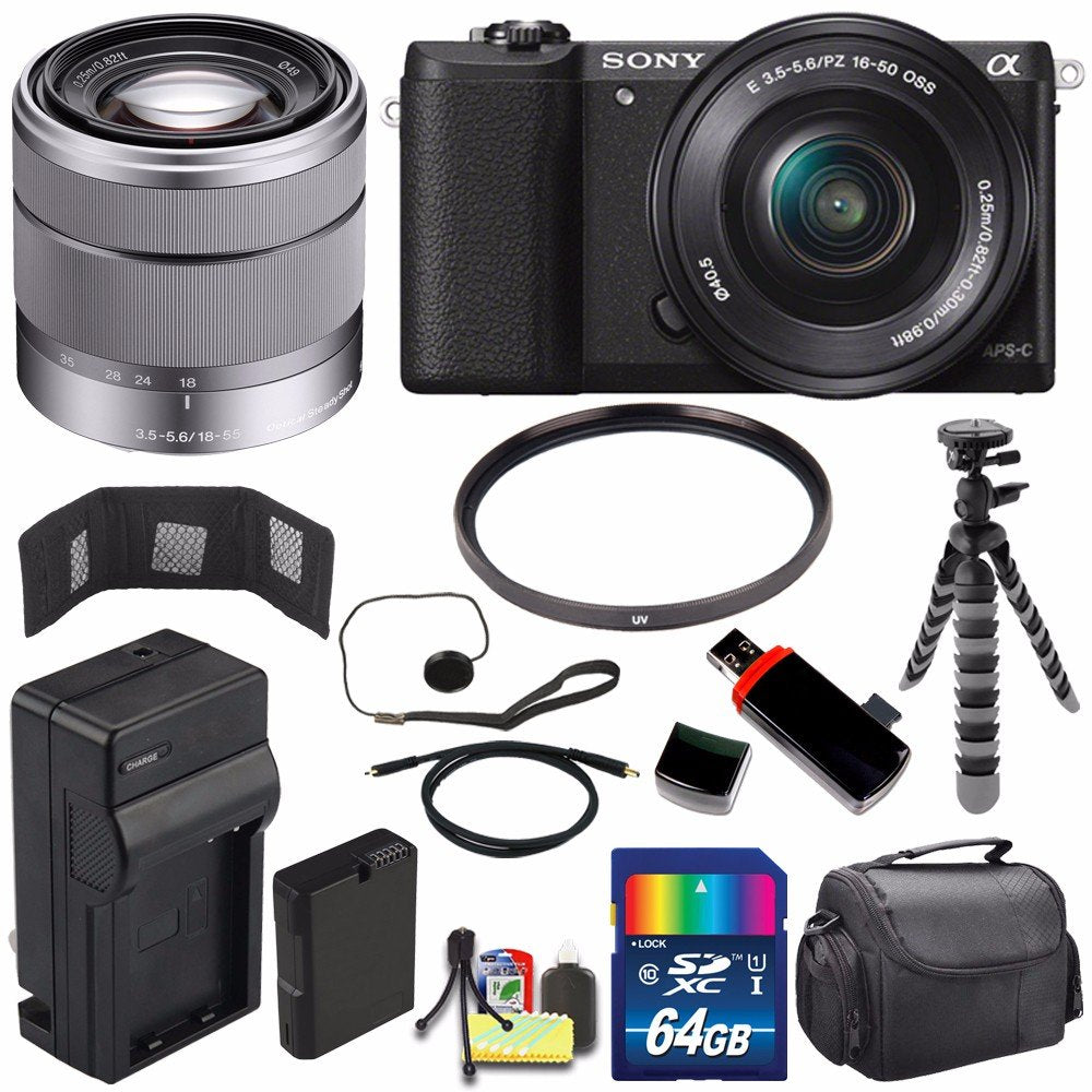 Sony Alpha a5100 Mirrorless Digital Camera with 16-50mm Lens Black + Sony SEL 1855 18-55mm Zoom Lens + 64GB Bundle 12 Sony