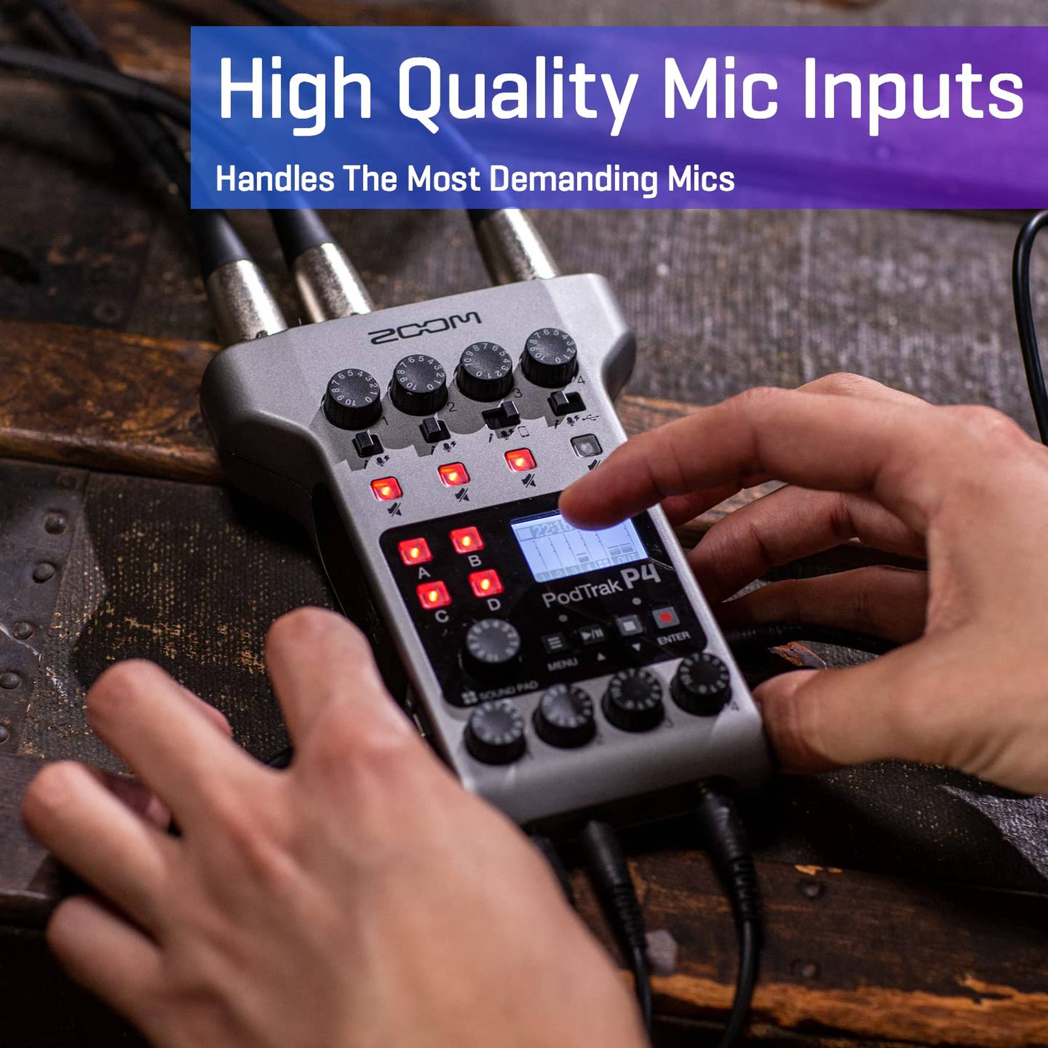 Zoom PodTrak P4 Podcast Recorder, Battery Powered, 4 Microphone Inputs, 4 Headphone Outputs, Phone and USB Input for Remote Interviews, Sound Pads, 2-In/2-Out Audio Interface Zoom
