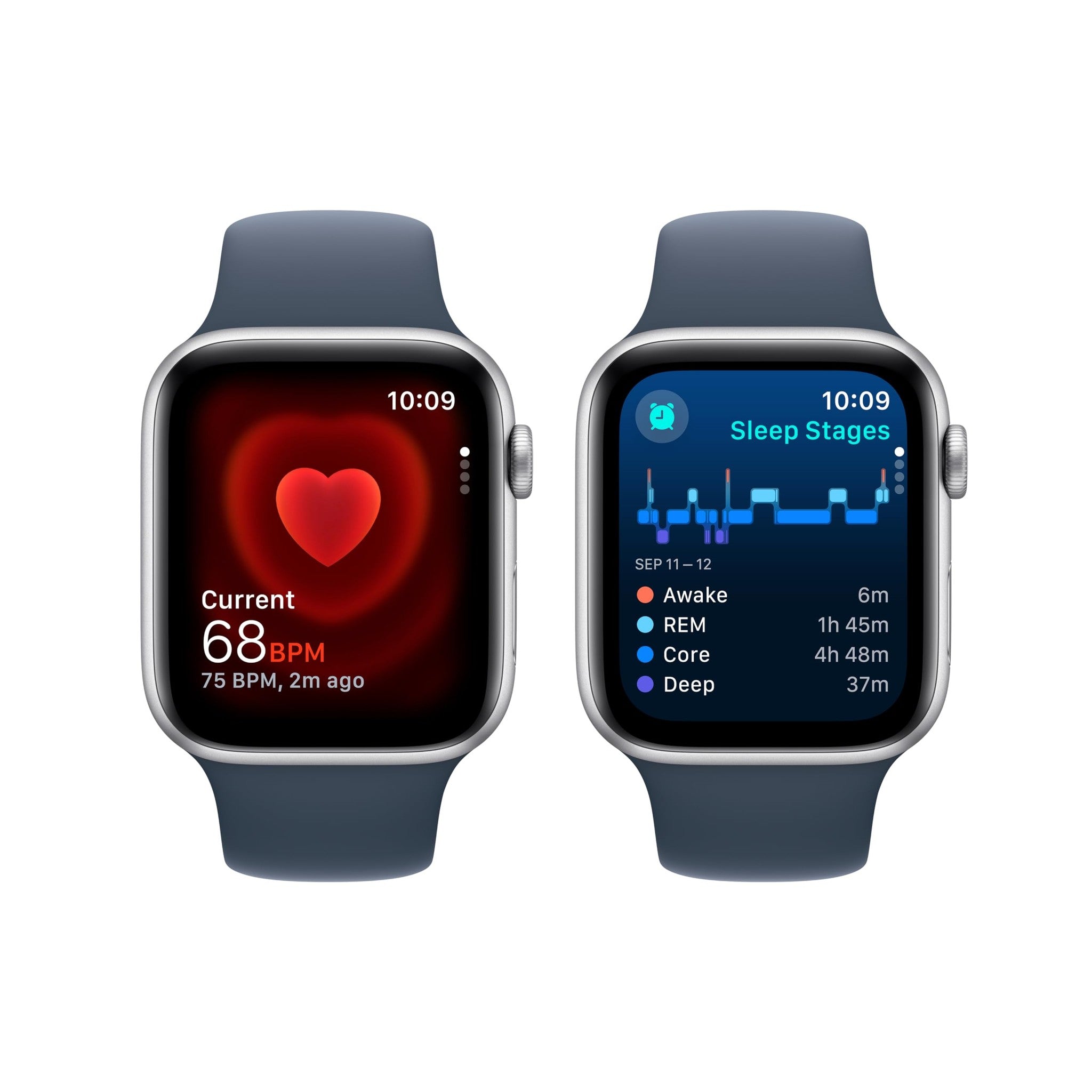 Apple Watch SE 2nd Gen GPS 44mm Smartwatch with Silver Aluminum Case with Storm Blue Sport Band S/M. Fitness & Sleep Tracker, Crash Detection, Heart Rate Monitor Apple