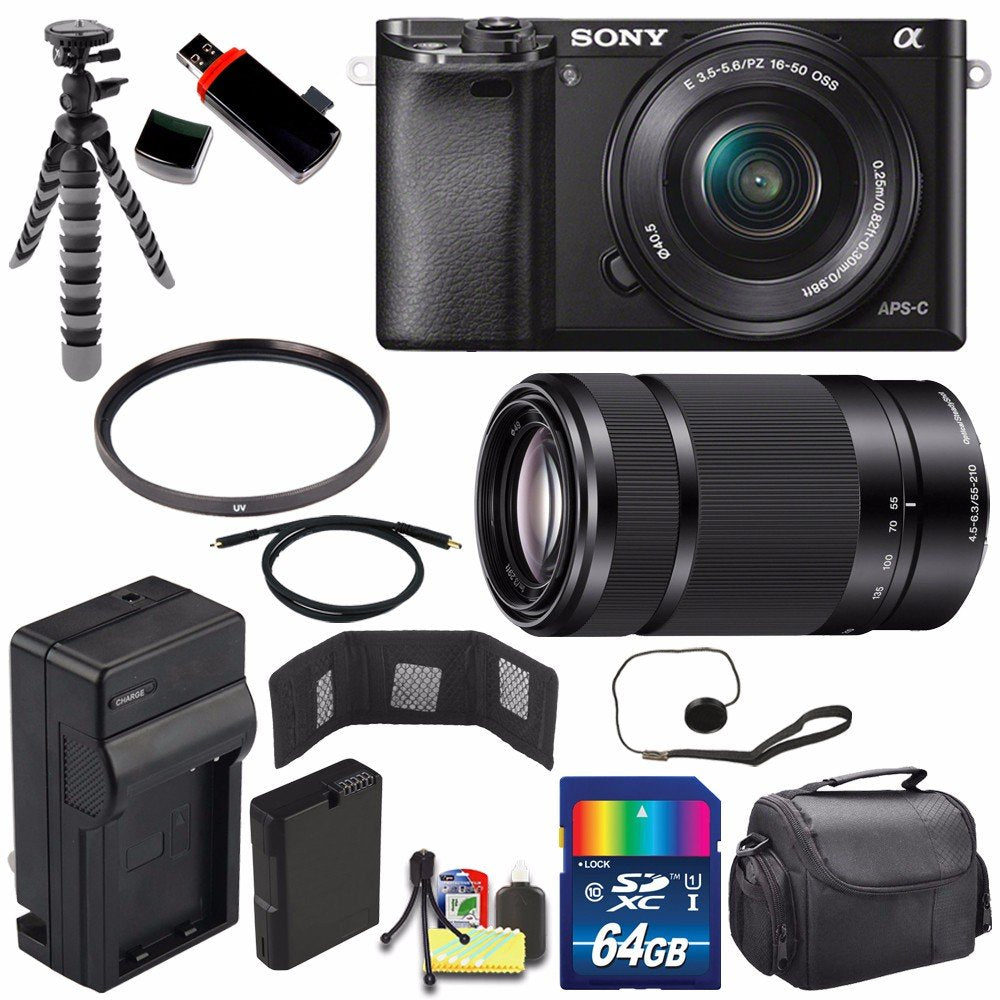 Sony Alpha a6000 Mirrorless Digital Camera with 16-50mm Lens Black + Sony E 55-210mm f/4.5-6.3 OSS E-Mount Lens 64GB B - Used Sony