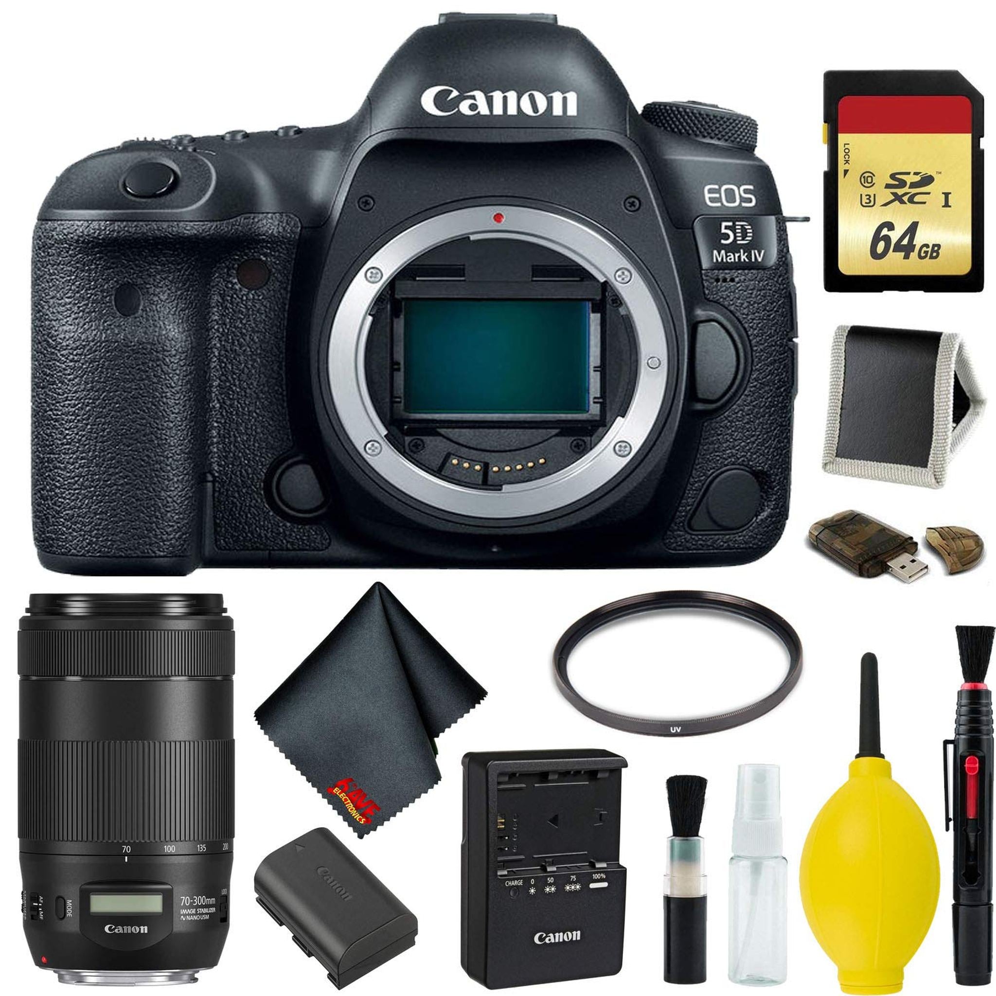 Canon EOS 5D Mark IV DSLR Camera Body Only Memory Kit International Model w/Canon EF 70-300mm f/4-5.6 is II USM Lens - Canon
