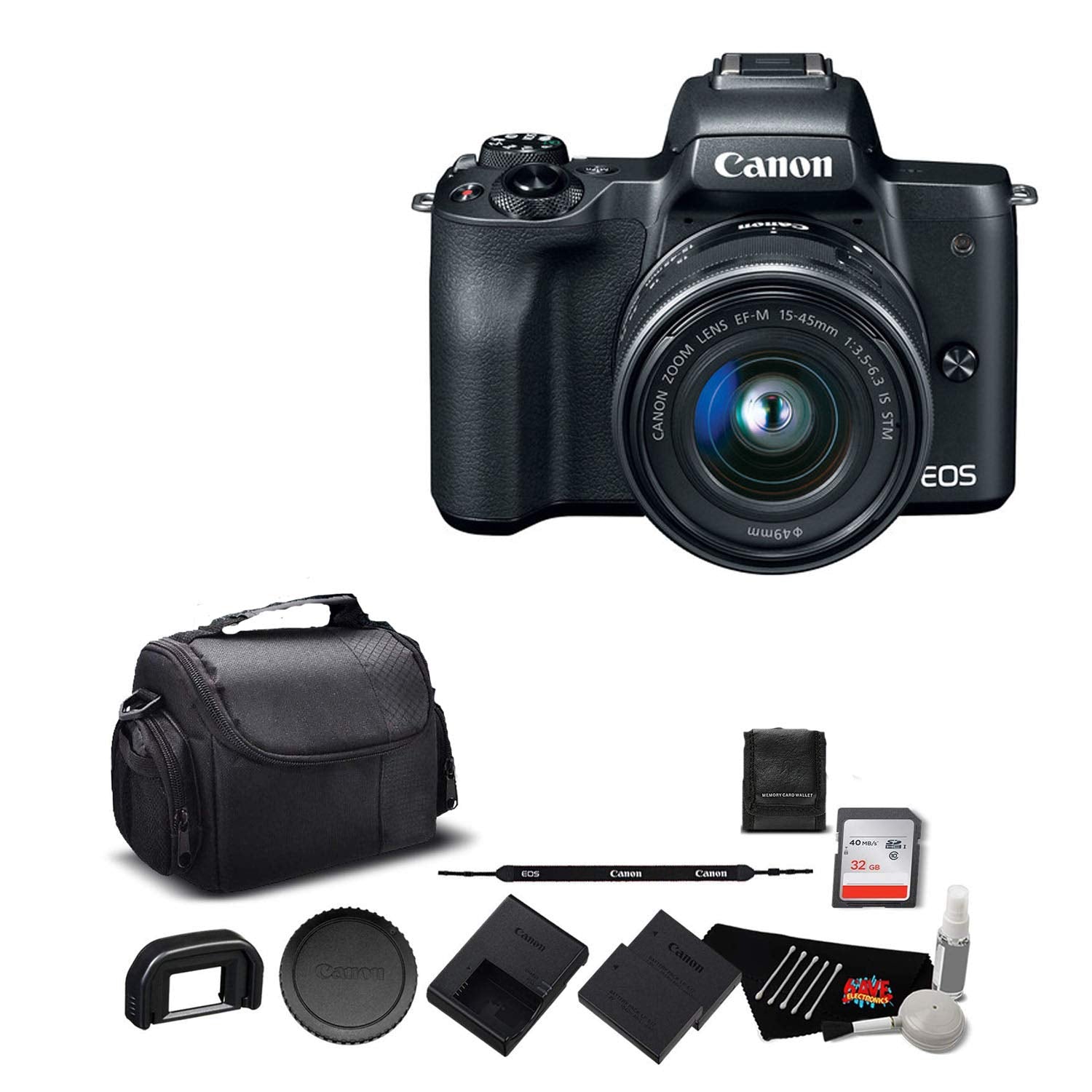 Canon EOS M50 Mirrorless Digital Camera with 15-45mm Lens and 4K Video 2680C011 Bundle with 32GB Memory Card + Spare Bat