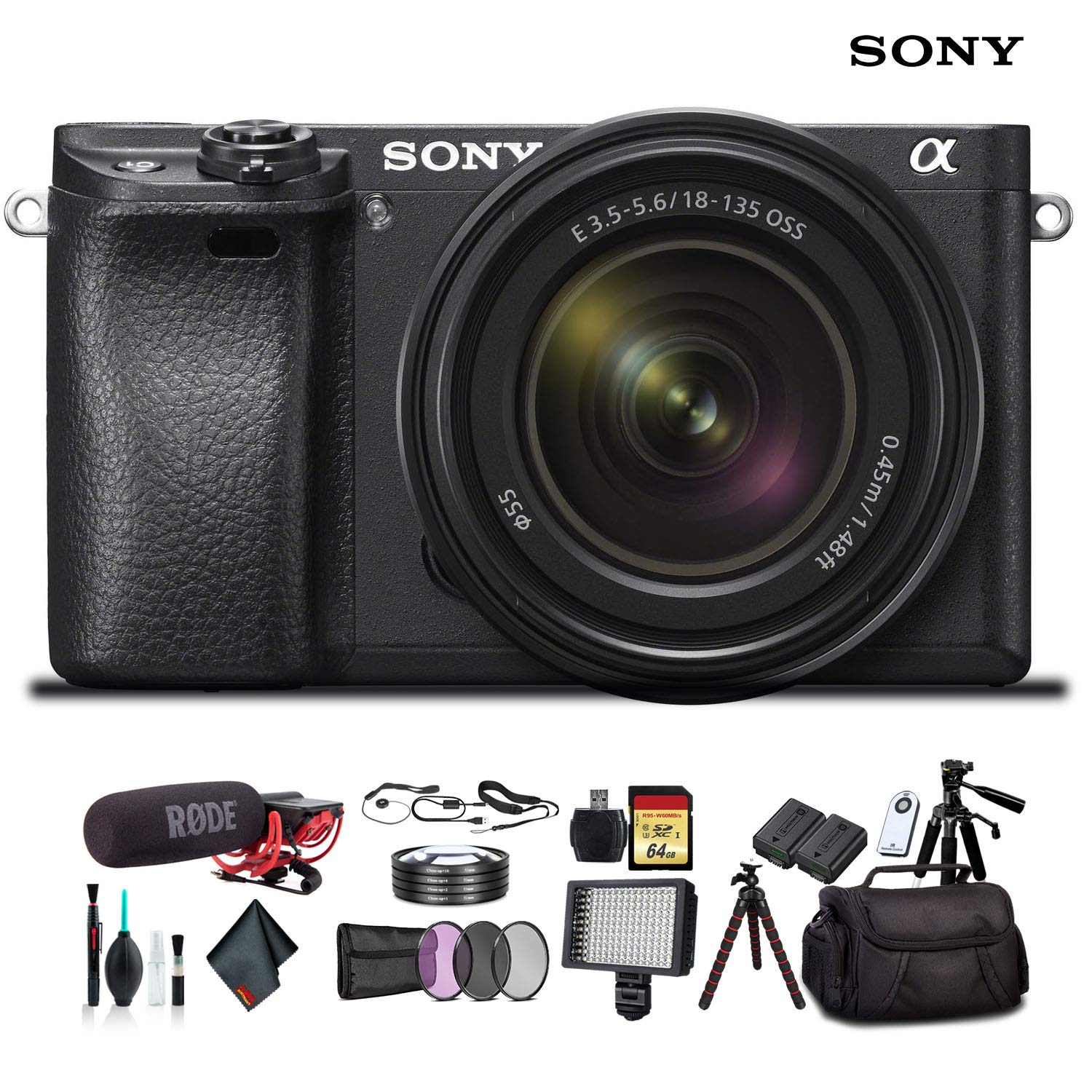 Sony Alpha a6300 Mirrorless Camera with 18-135mm Lens Black ILCE-6300M/B With Soft Bag, Lens Filters, Battery, Rode Mic, LED Light, 64GB Memory Card, Sling Soft Bag, Plus Essential Accessories Sony