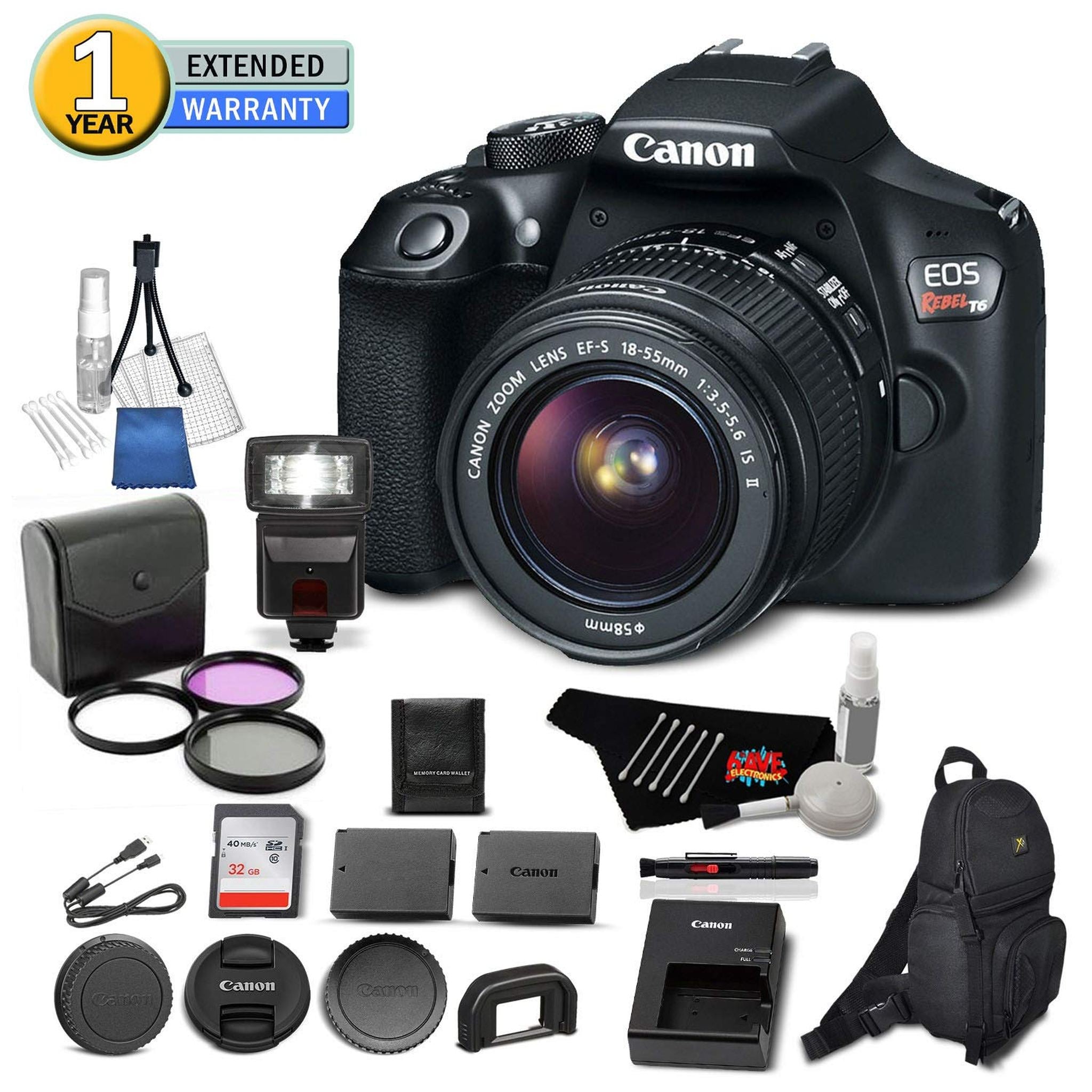 Canon EOS Rebel T6 Digital SLR Camera 1159C003 Bundle with 18-55mm f/3.5-5.6 is II Lens with 32GB Memory Card + Filter Kit + More - Used
