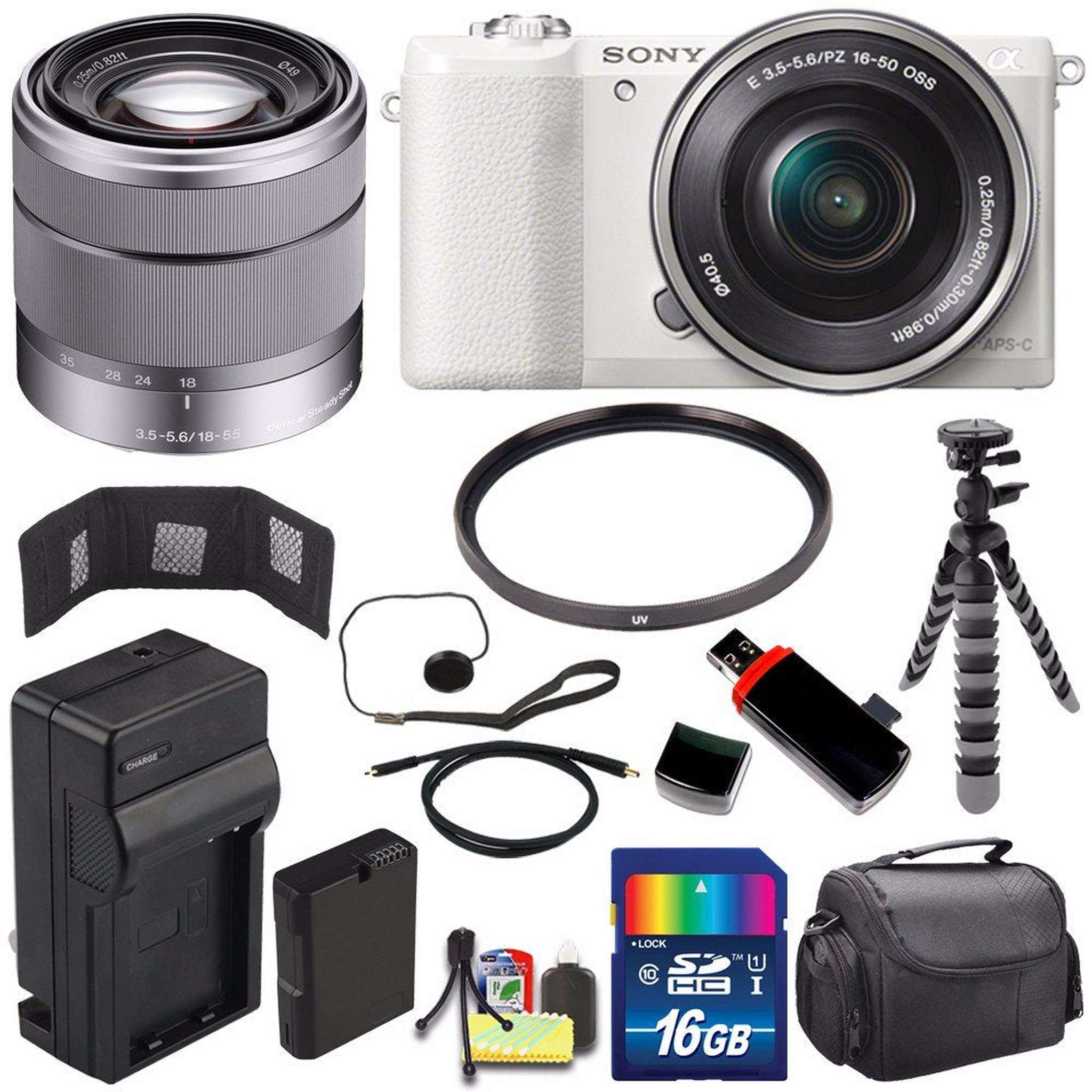 Sony Alpha a5100 Mirrorless Digital Camera with 16-50mm Lens White + Sony SEL 1855 18-55mm Zoom Lens + 16GB Bundle 10 Sony