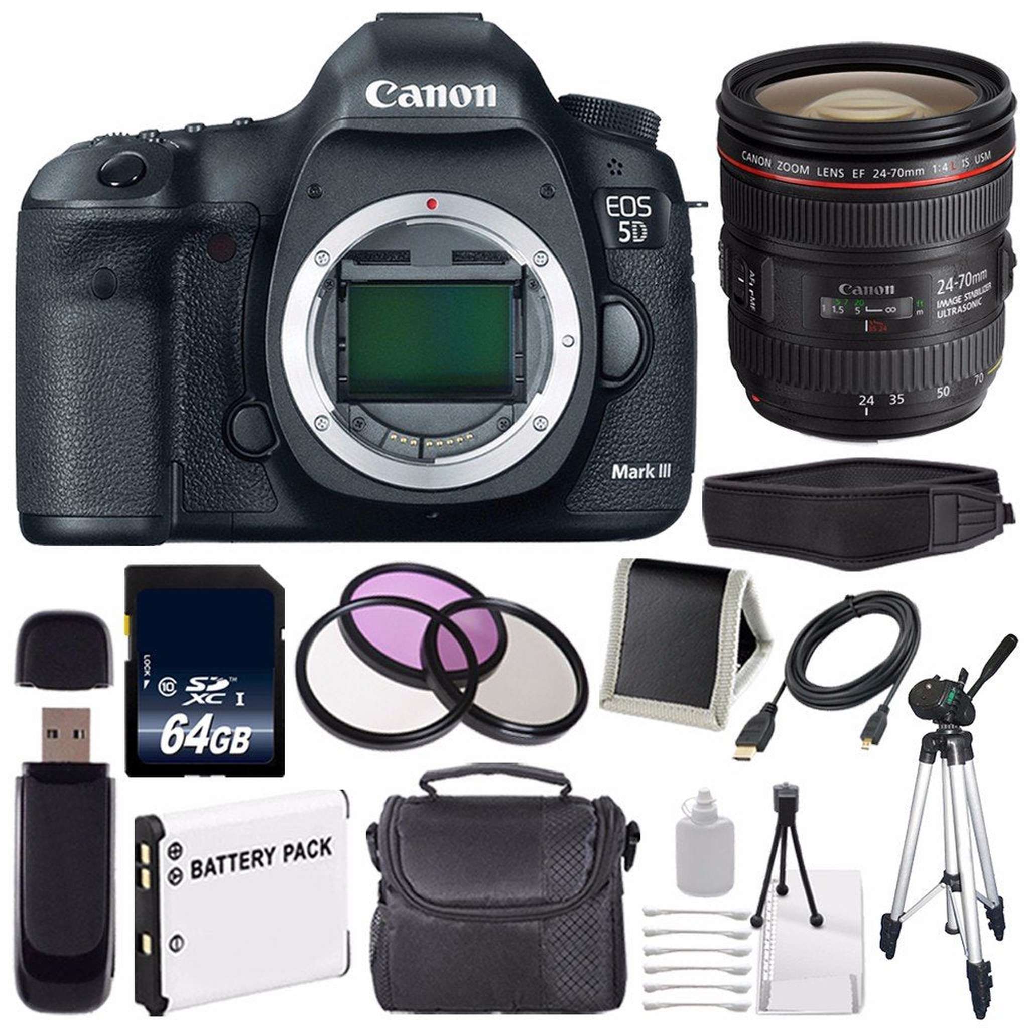 Canon EOD 5D III Digital Camera International Model + Canon EF 24-70mm f/4L is USM Lens + LP-E6 Battery + 64GB Memory Card Storage Bundle Canon