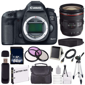 Canon EOD 5D III Digital Camera International Model + Canon EF 24-70mm f/4L is USM Lens + LP-E6 Battery + 64GB Memory Card Storage Bundle Canon